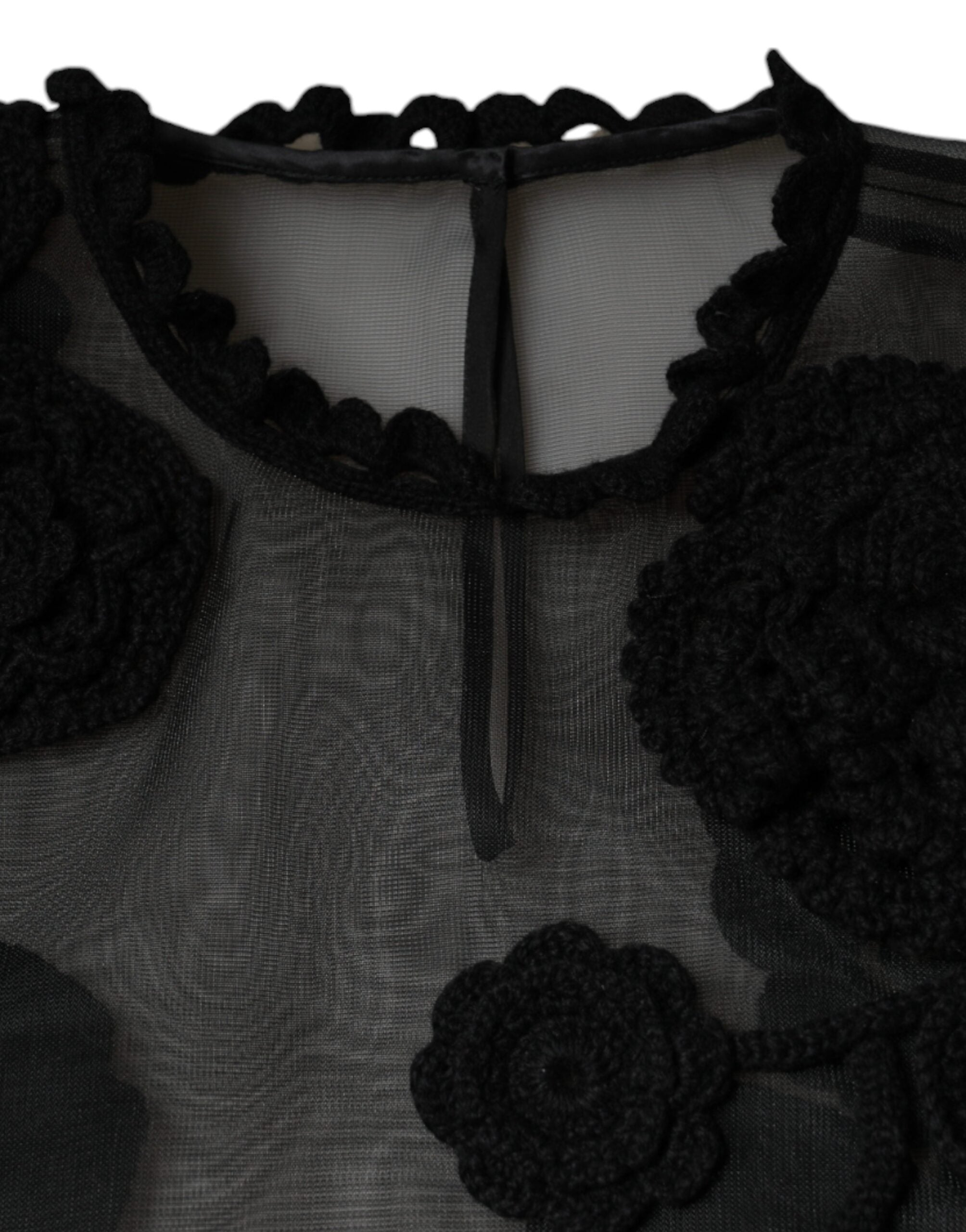 Dolce & Gabbana Schwarze Bluse aus transparentem Nylon-Netz mit Blumenmuster
