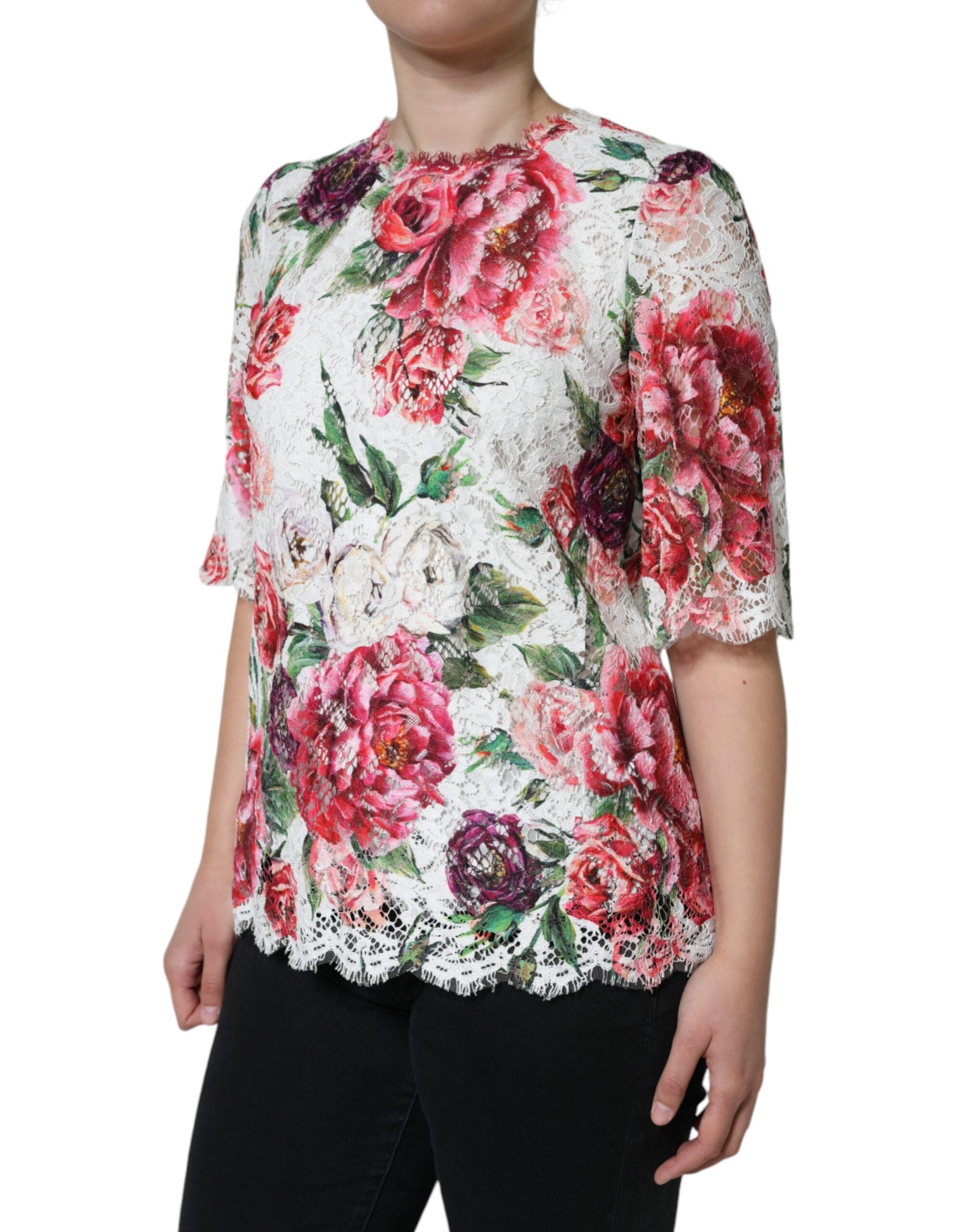 Dolce & Gabbana Weißes Pfingstrose Spitze kurze Ärmel Bluse Top