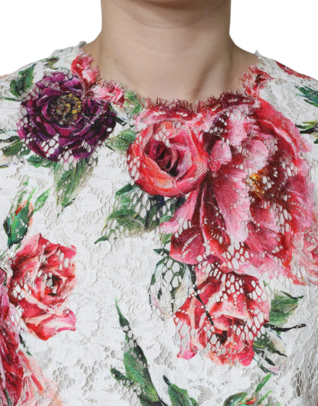 Dolce & Gabbana Weißes Pfingstrose Spitze kurze Ärmel Bluse Top