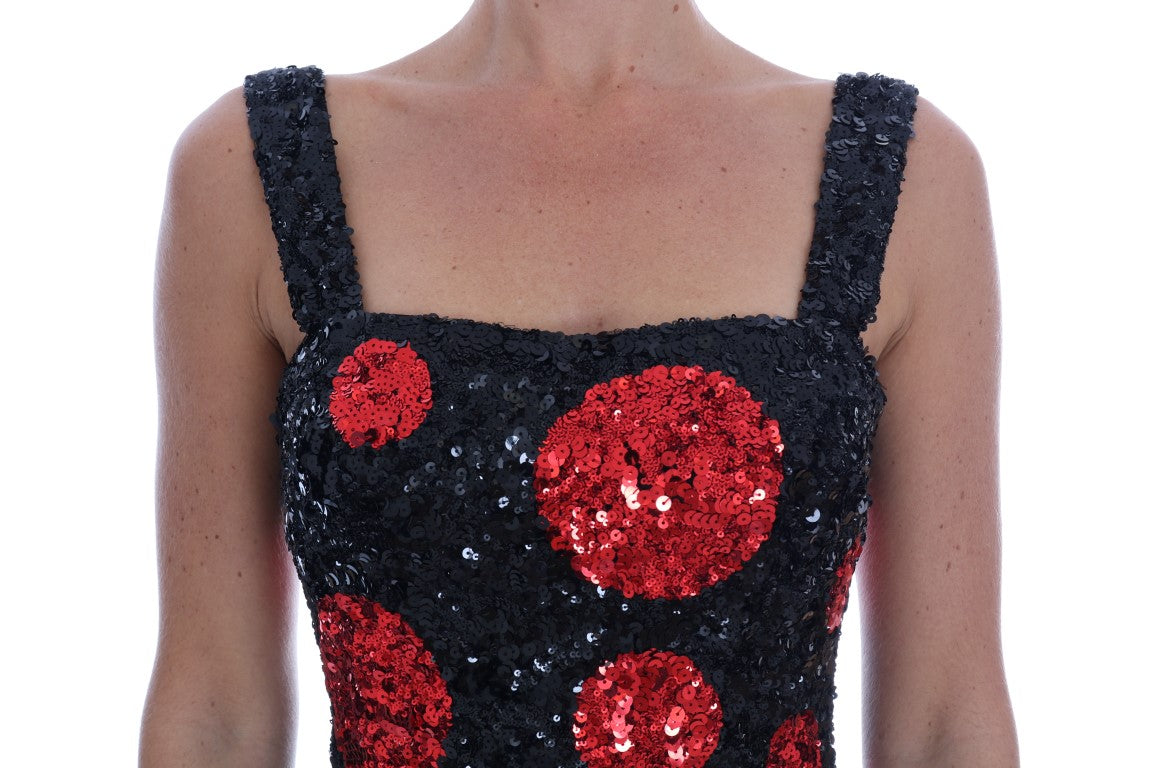 Dolce & Gabbana Schwarzes rotes gepunktetes Pailletten-Shiftkleid