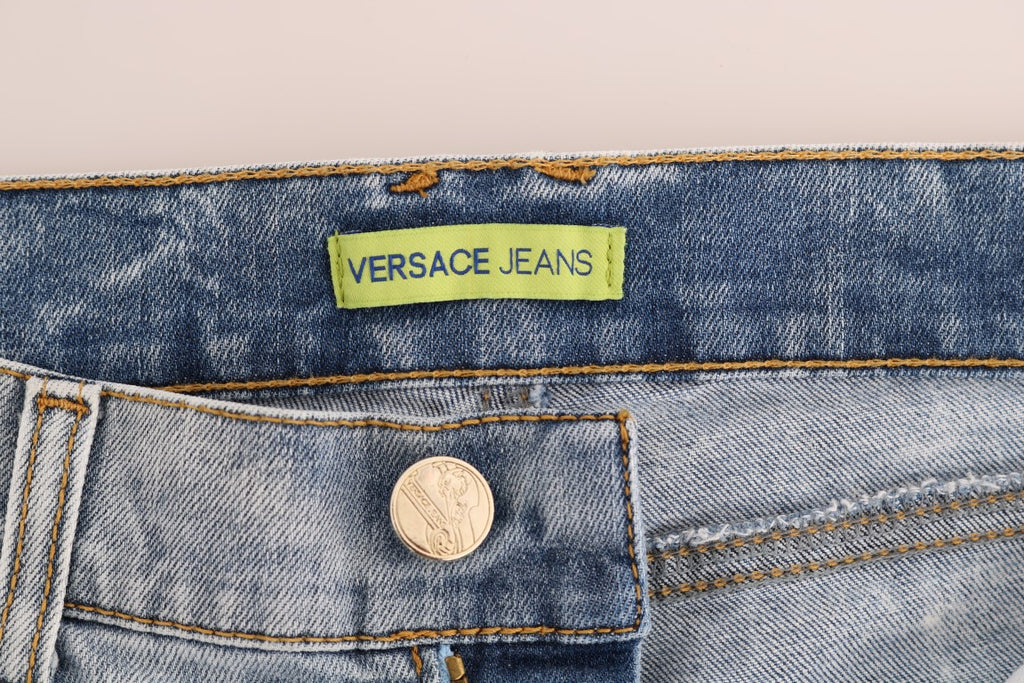 Versace Jeans Blaue Waschung Zerrissene Stretch Slim Fit Jeans