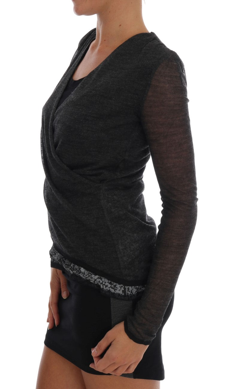Ermanno Scervino Graues Woll-Spitzen-Top Langarm-T-Shirt