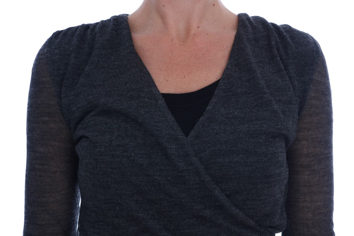 Ermanno Scervino Graues Woll-Spitzen-Top Langarm-T-Shirt