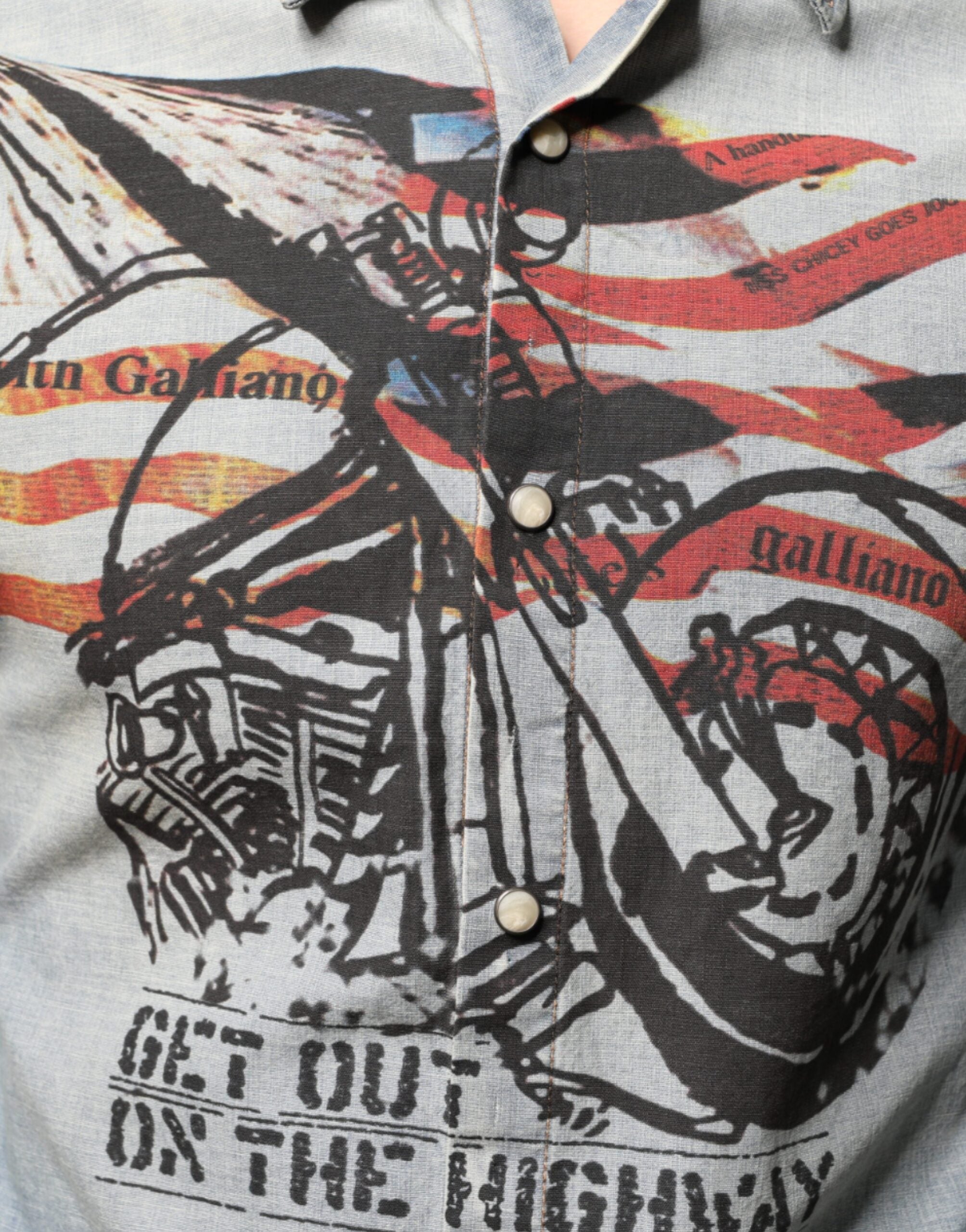 John Galliano Hellblaues bedrucktes Baumwoll-Denim-Hemd mit langen Ärmeln