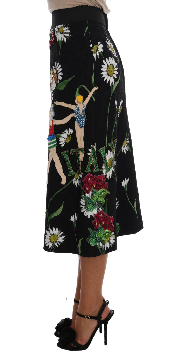 Dolce & Gabbana Schwarzer verzierter Gänseblümchen-Brokat-Rock