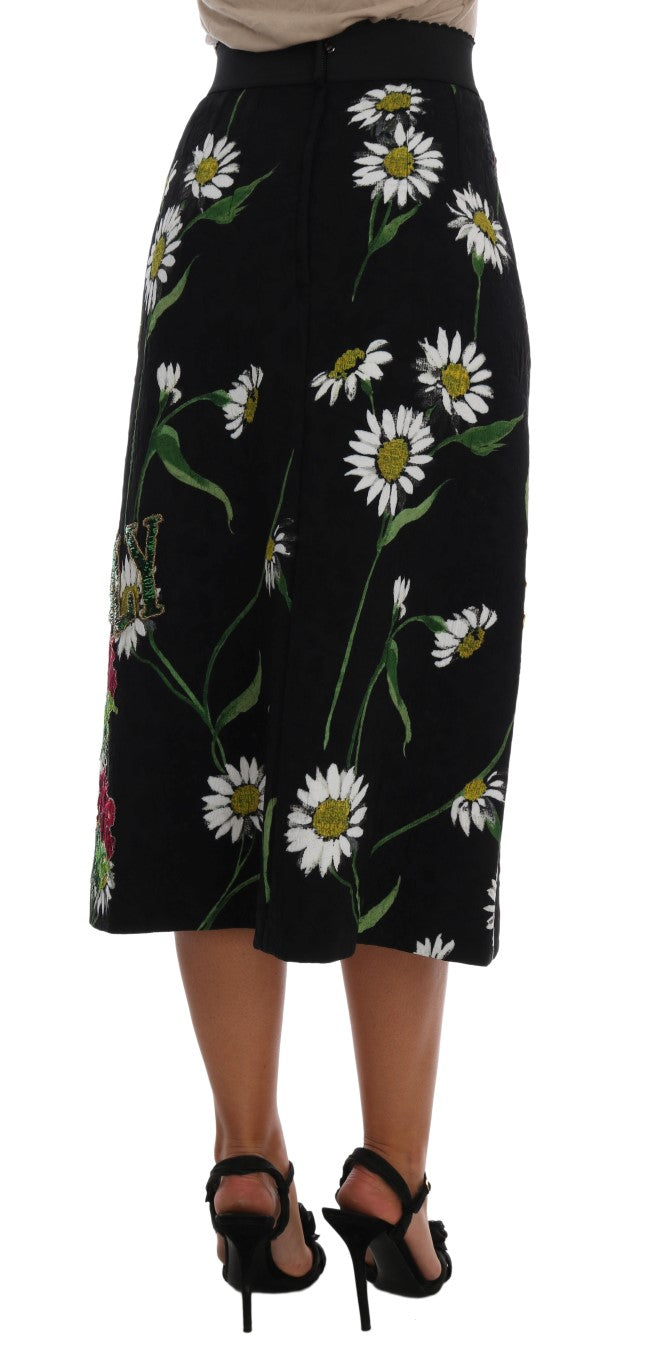 Dolce & Gabbana Schwarzer verzierter Gänseblümchen-Brokat-Rock