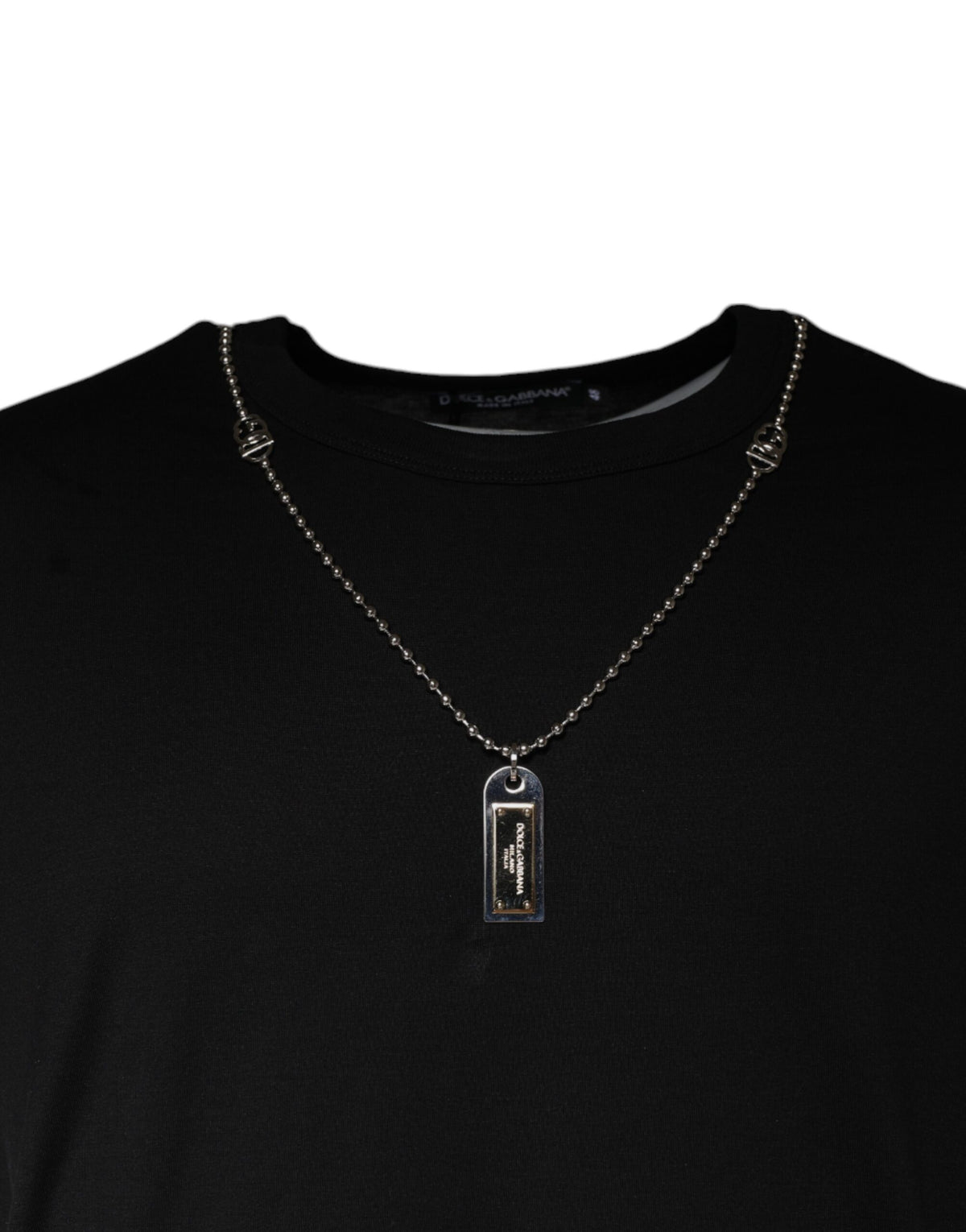 Dolce & Gabbana Schwarzes Baumwoll-T-Shirt mit bestickter Halskette