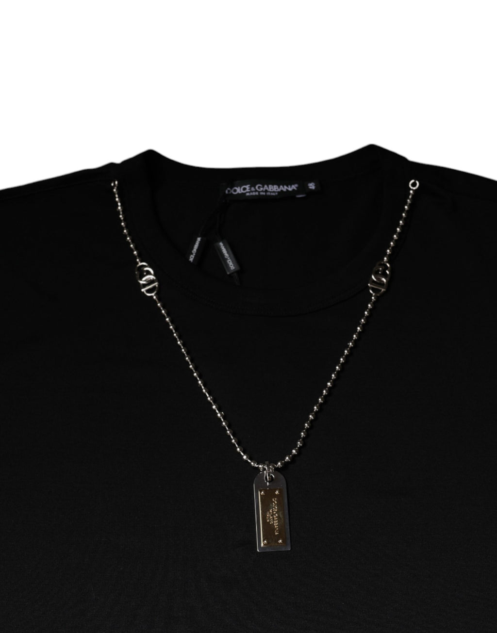 Dolce & Gabbana Schwarzes Baumwoll-T-Shirt mit bestickter Halskette