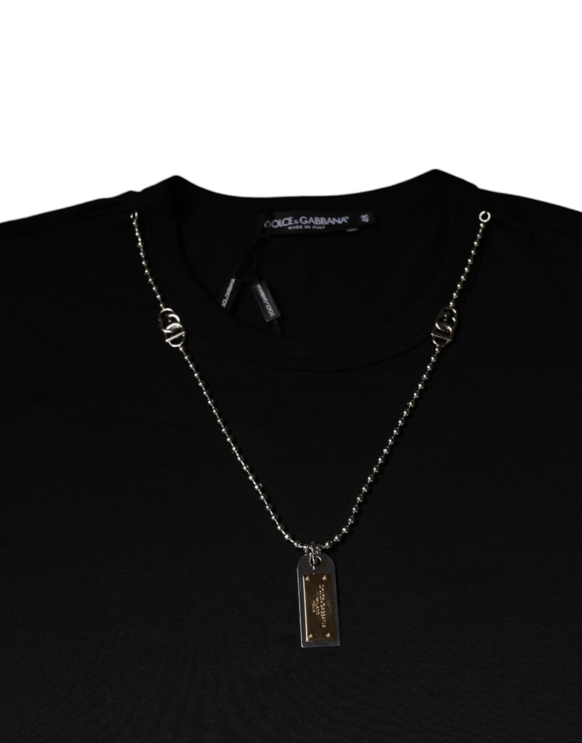 Dolce & Gabbana Schwarzes Baumwoll-T-Shirt mit bestickter Halskette