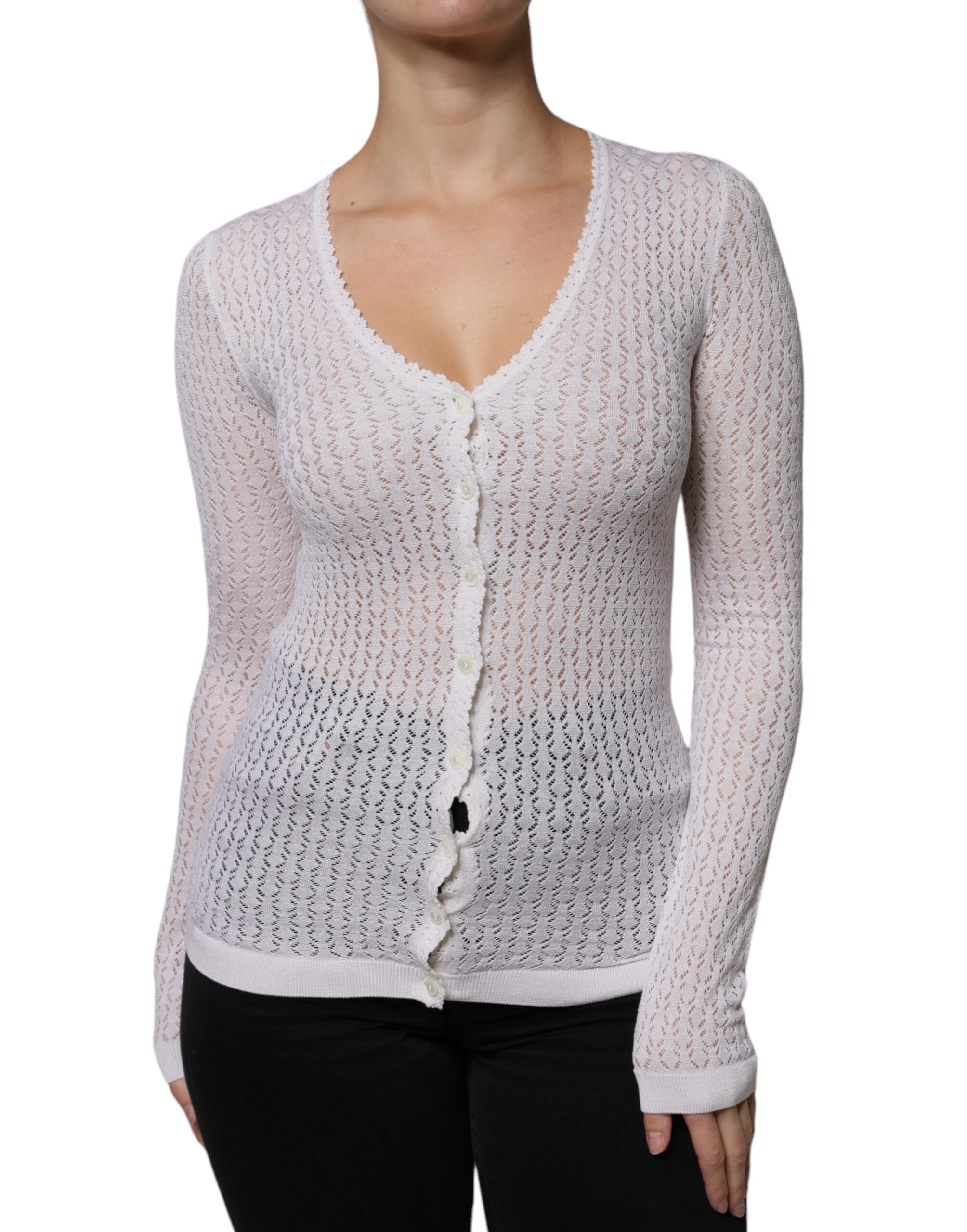 Dolce & Gabbana Weißer Seidenstrickpullover mit Knopfleiste