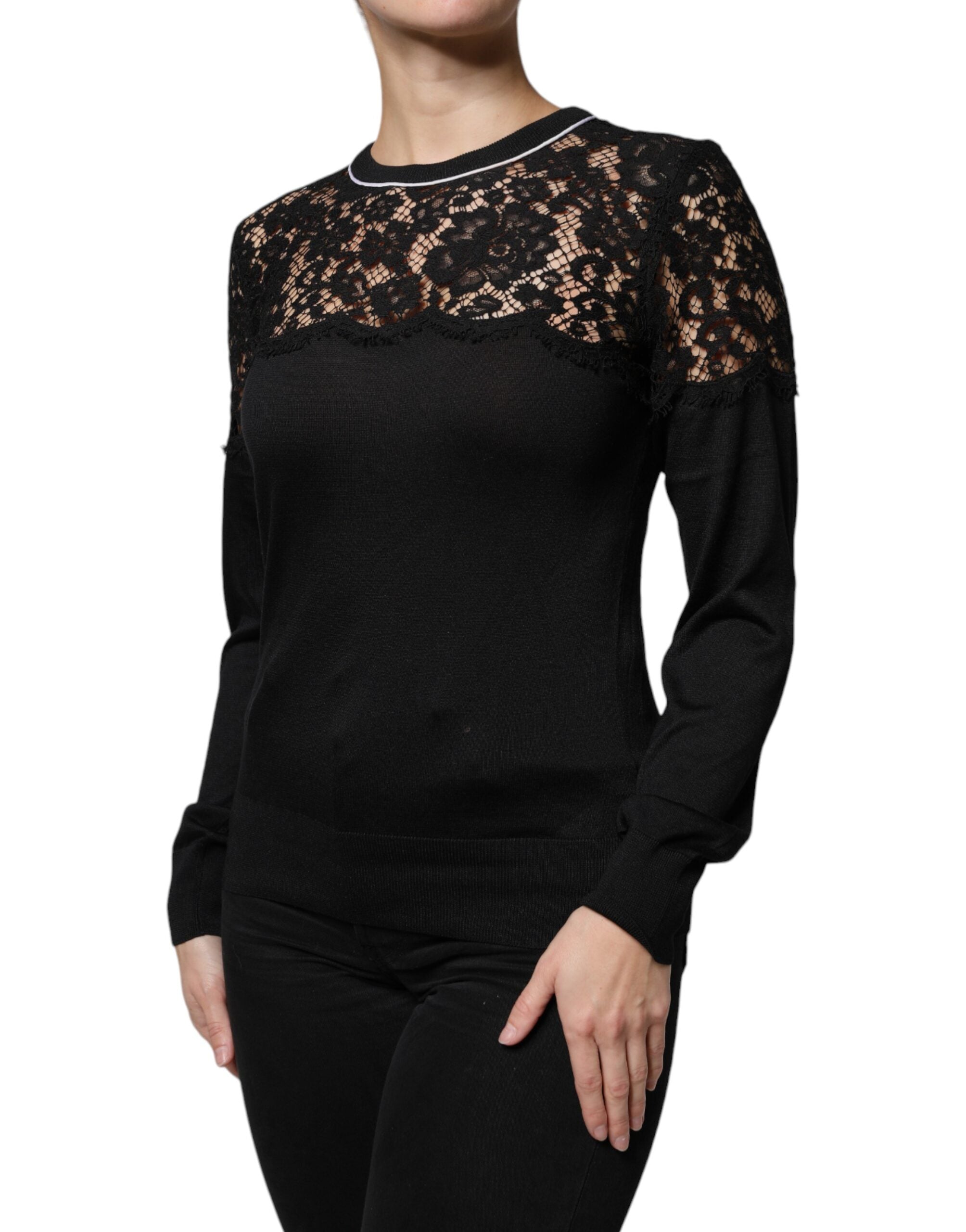 Dolce & Gabbana Schwarzes Pullover-Blusen-Top mit floraler Spitze aus Seide