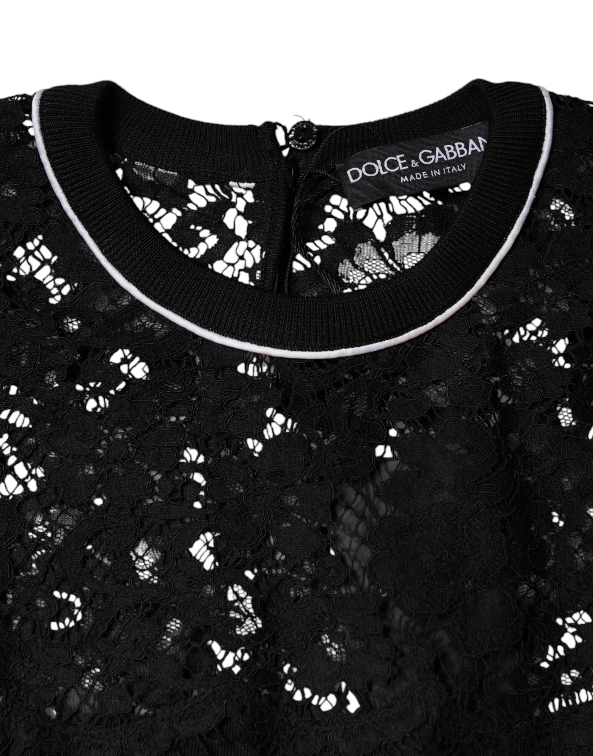 Dolce & Gabbana Schwarzes Pullover-Blusen-Top mit floraler Spitze aus Seide