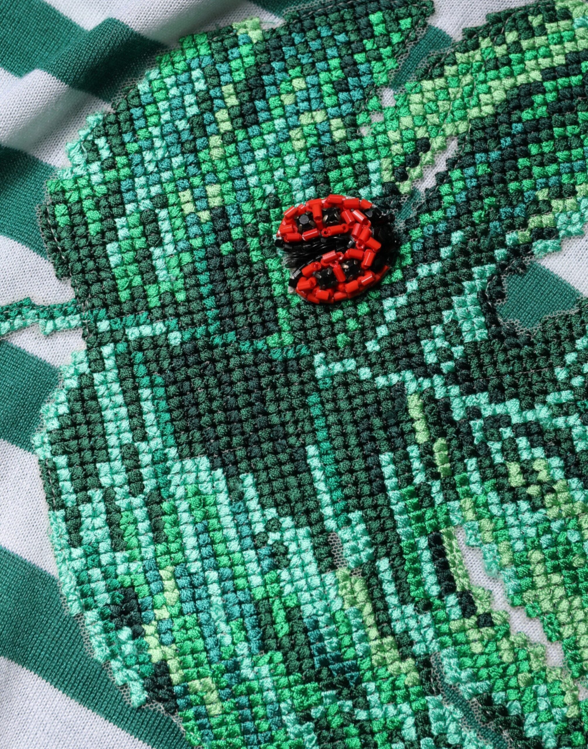 Dolce & Gabbana Weiß Grün Streifen Blatt Rundhals T-Shirt