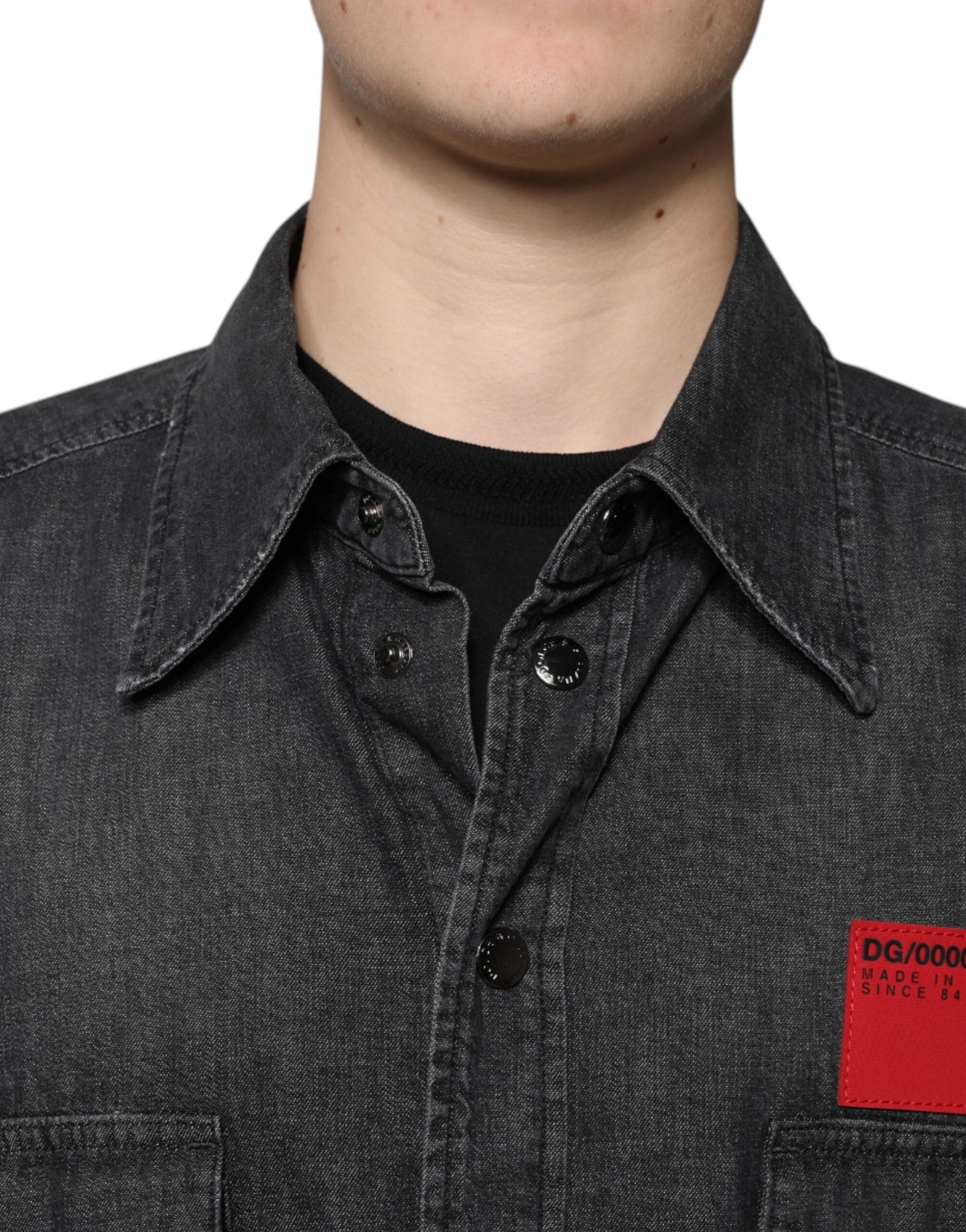Dolce & Gabbana Schwarzes Logo-Baumwollhemd mit Knopfleiste aus Denim
