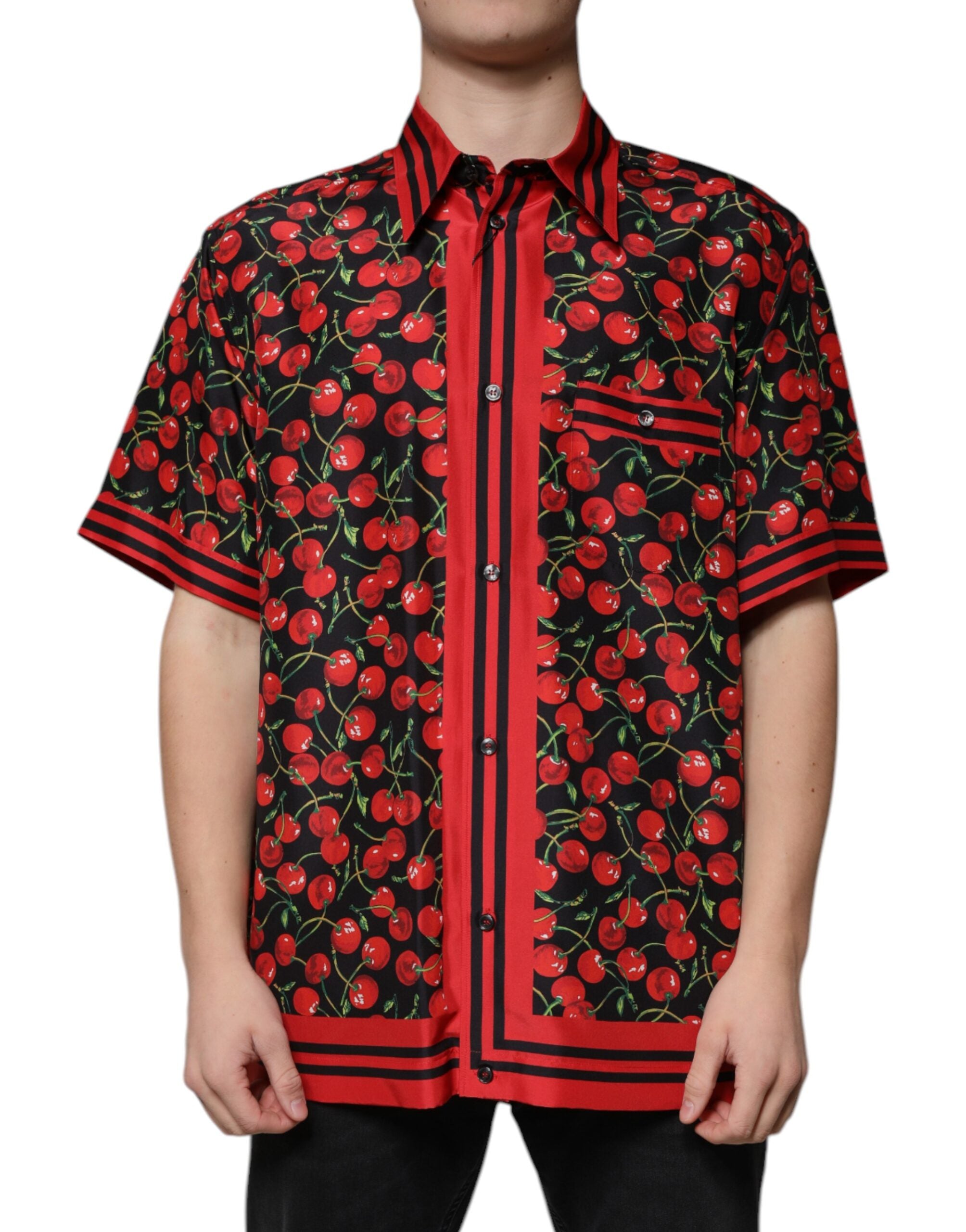 Dolce & Gabbana Schwarzes Cherry Silk Button Down Freizeithemd