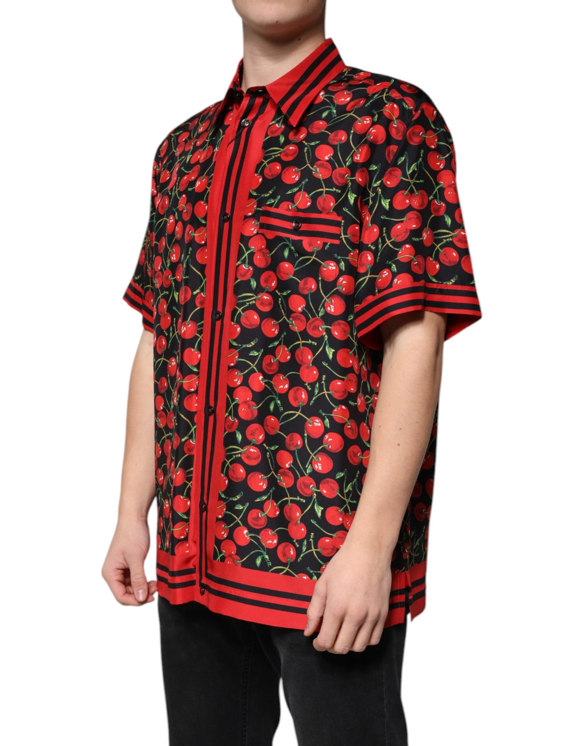 Dolce & Gabbana Schwarzes Cherry Silk Button Down Freizeithemd