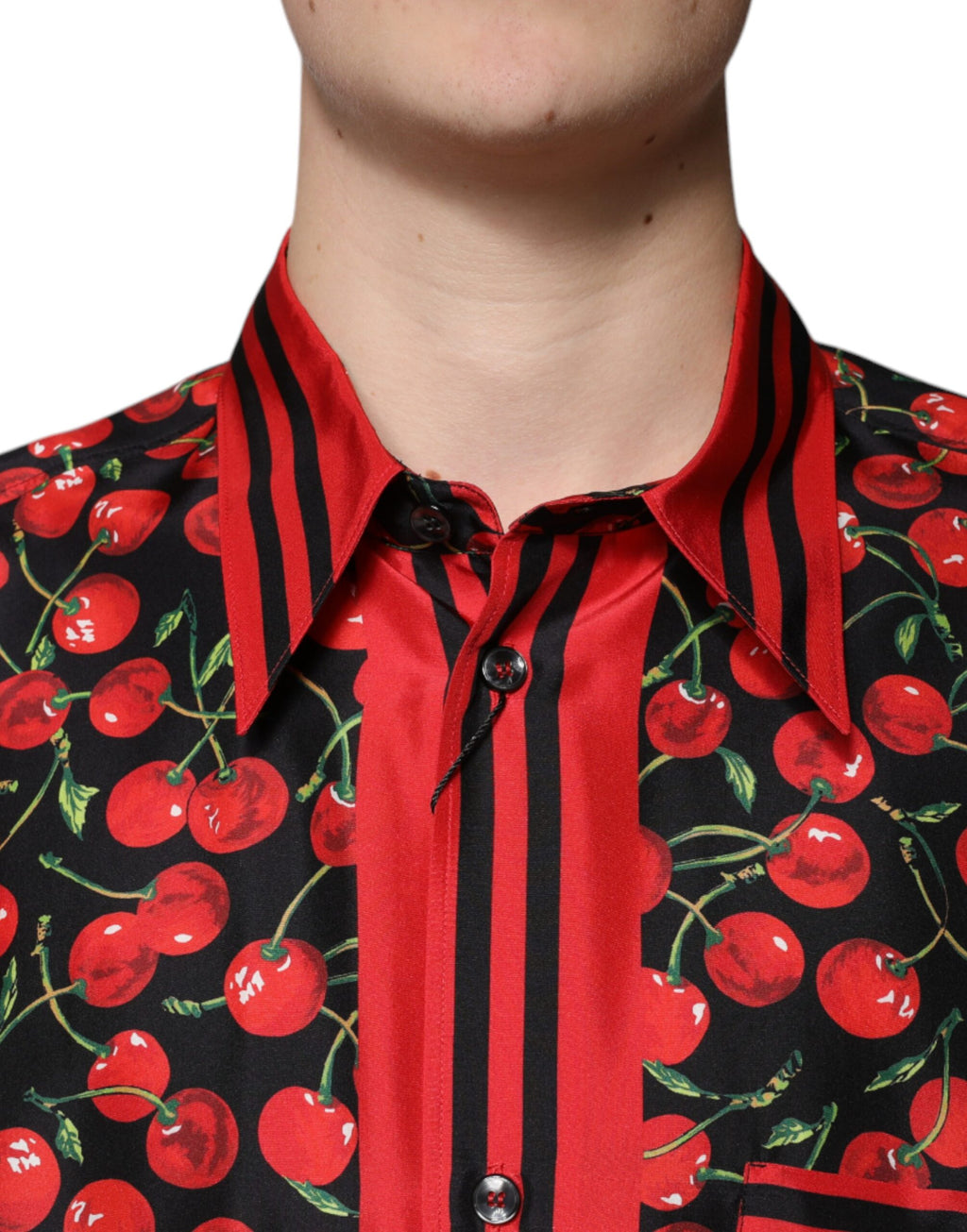 Dolce & Gabbana Schwarzes Cherry Silk Button Down Freizeithemd