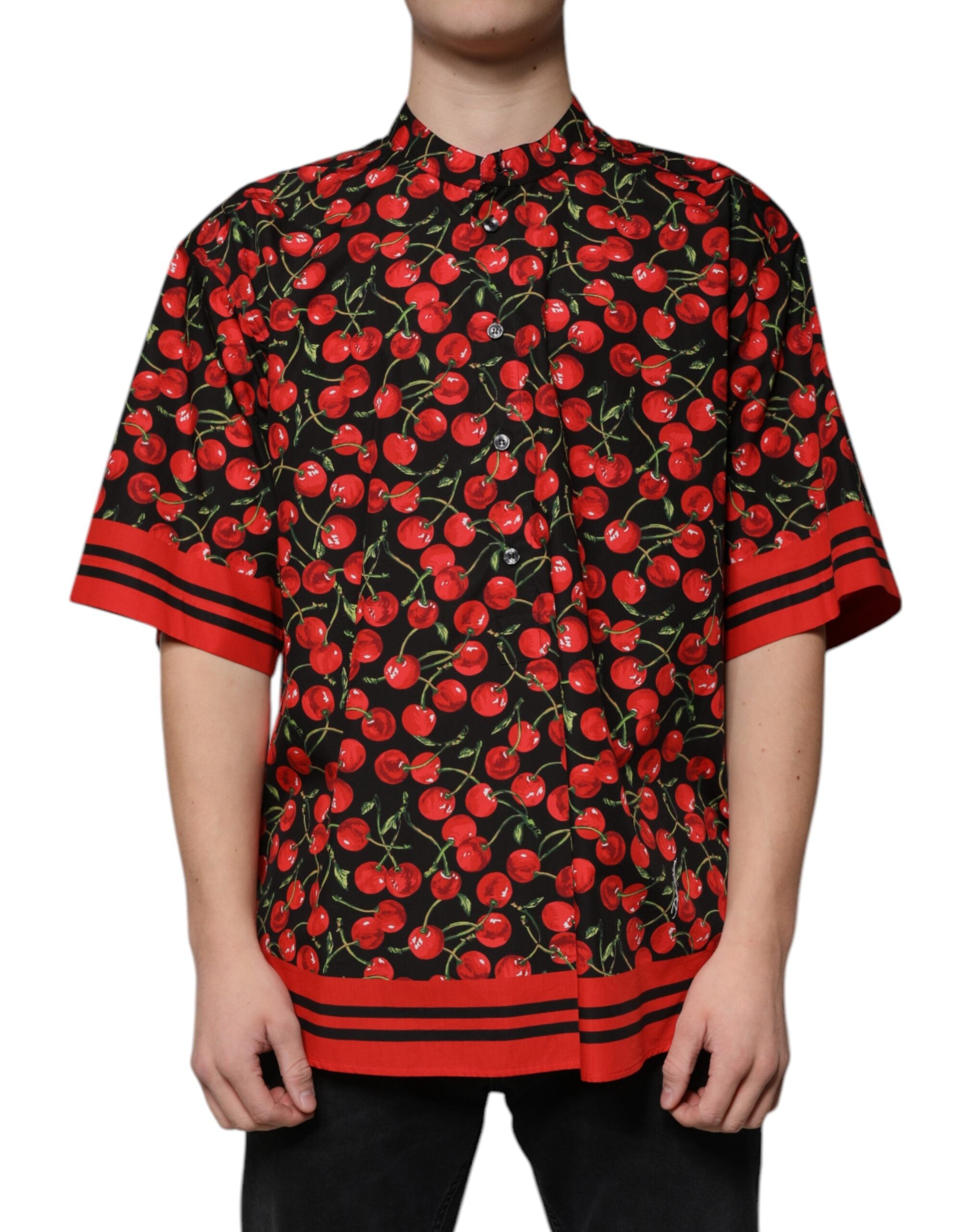 Dolce & Gabbana Schwarzes Kirschbaum-Baumwoll-Button-Down Freizeithemd