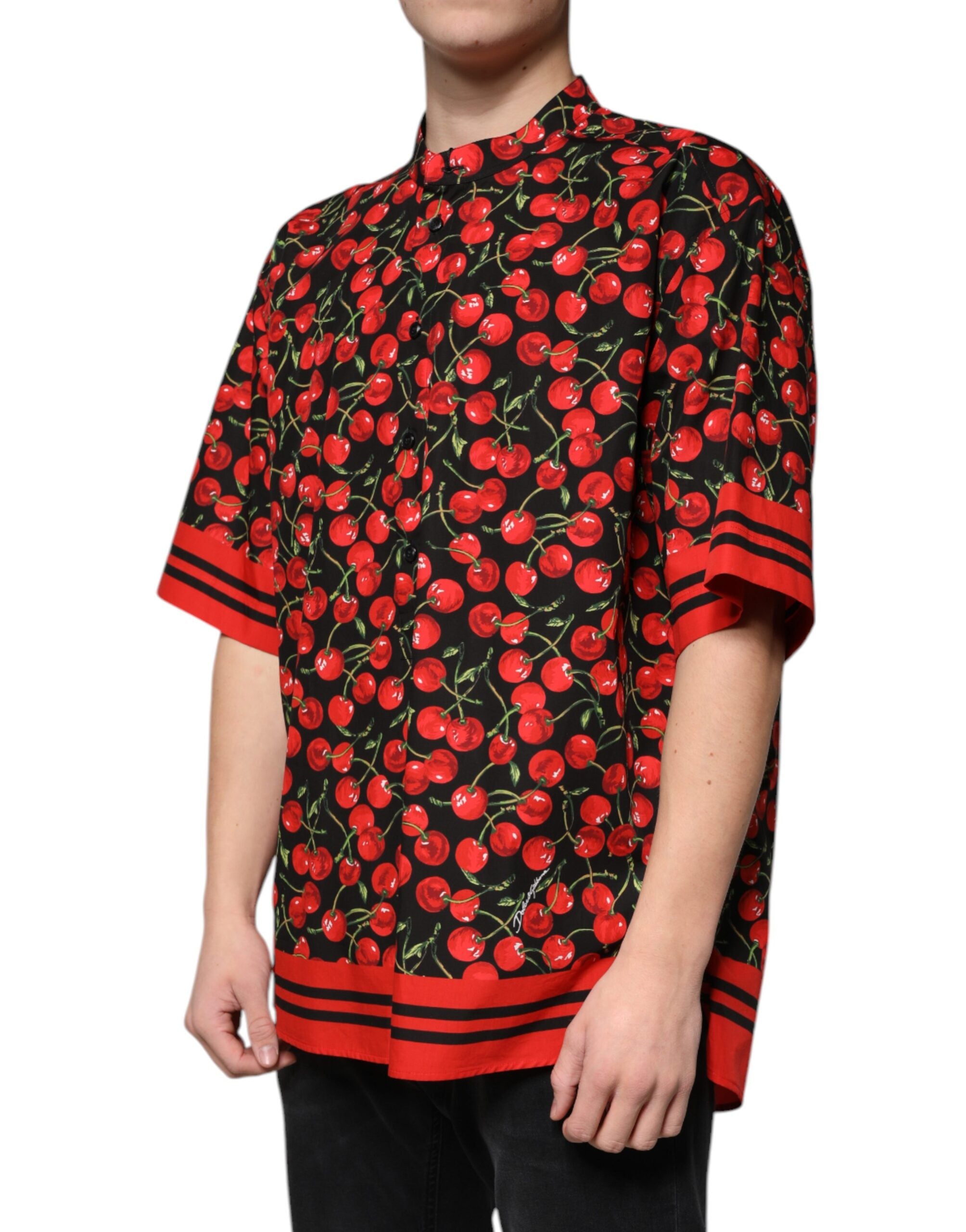 Dolce & Gabbana Schwarzes Kirschbaum-Baumwoll-Button-Down Freizeithemd