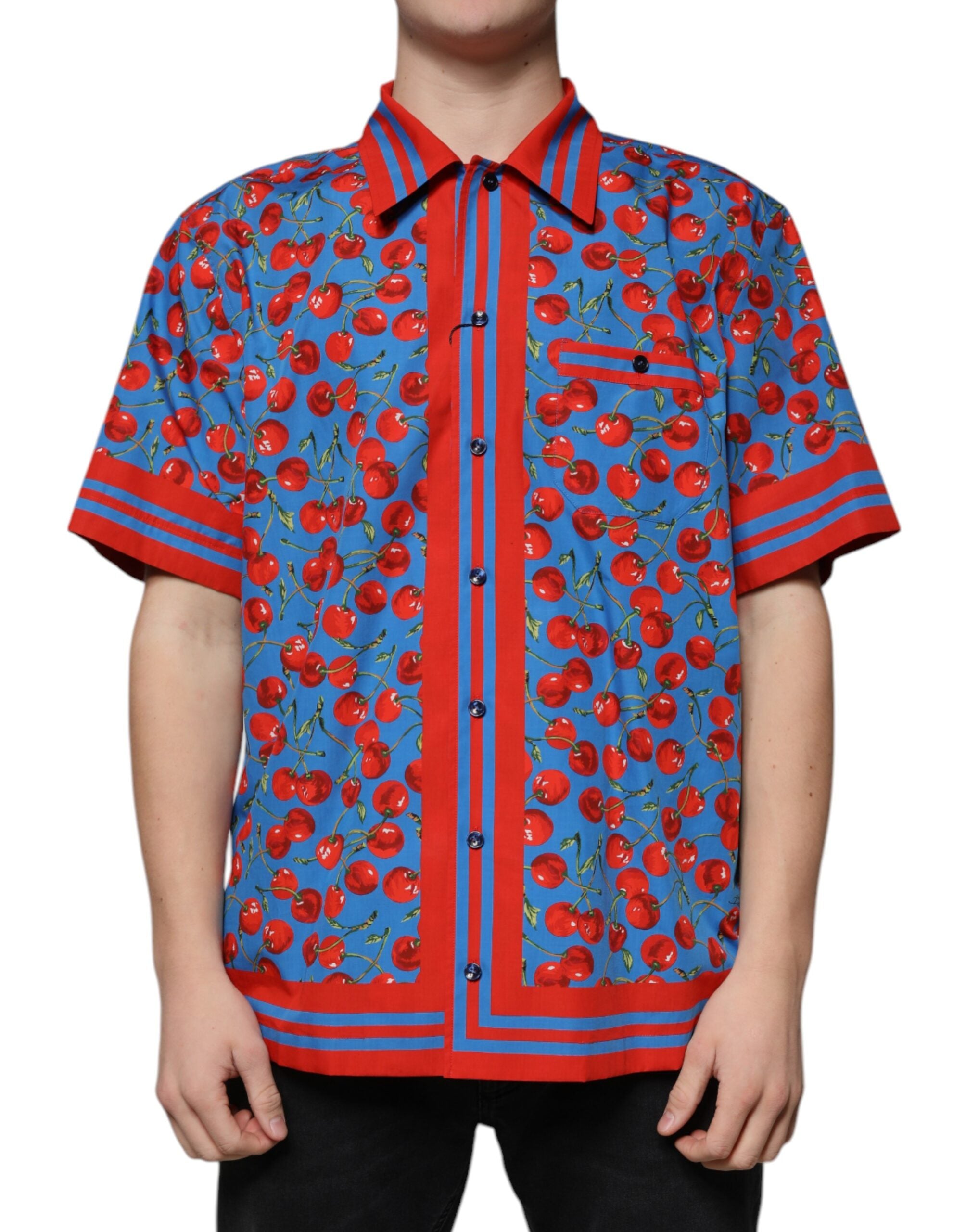 Dolce & Gabbana Blaues Kirschbaum-Baumwoll-Button-Down Freizeithemd