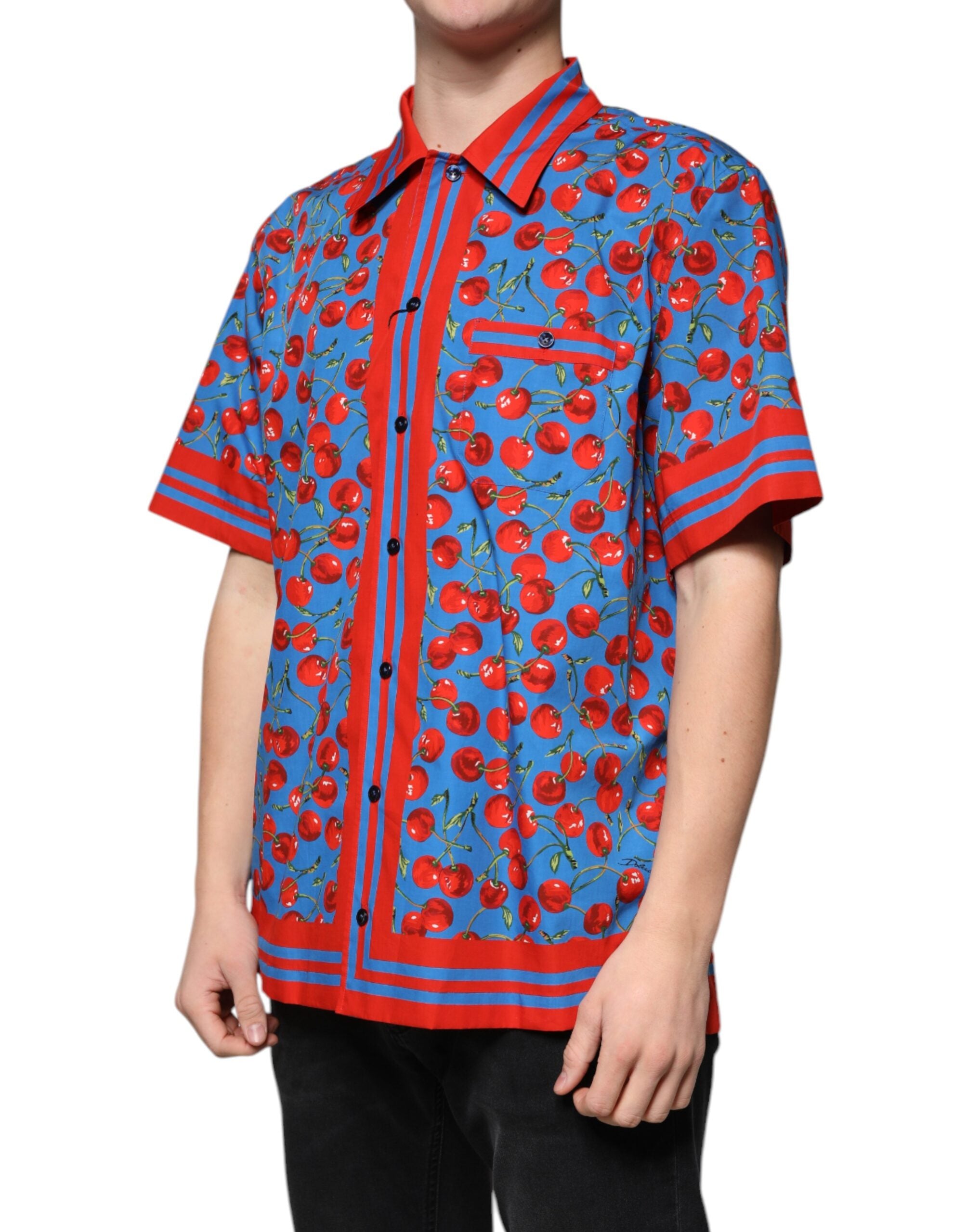 Dolce & Gabbana Blaues Kirschbaum-Baumwoll-Button-Down Freizeithemd