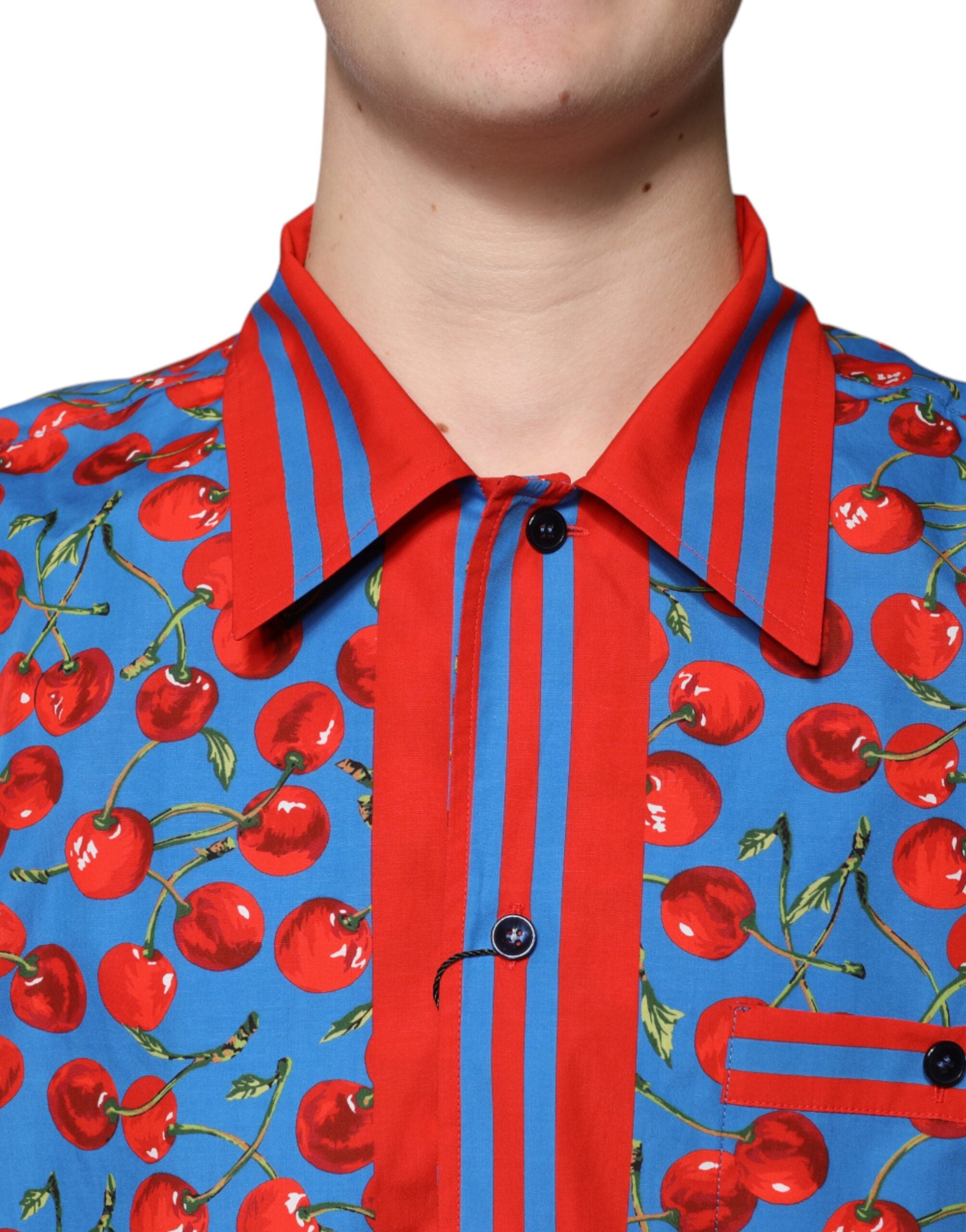 Dolce & Gabbana Blaues Kirschbaum-Baumwoll-Button-Down Freizeithemd
