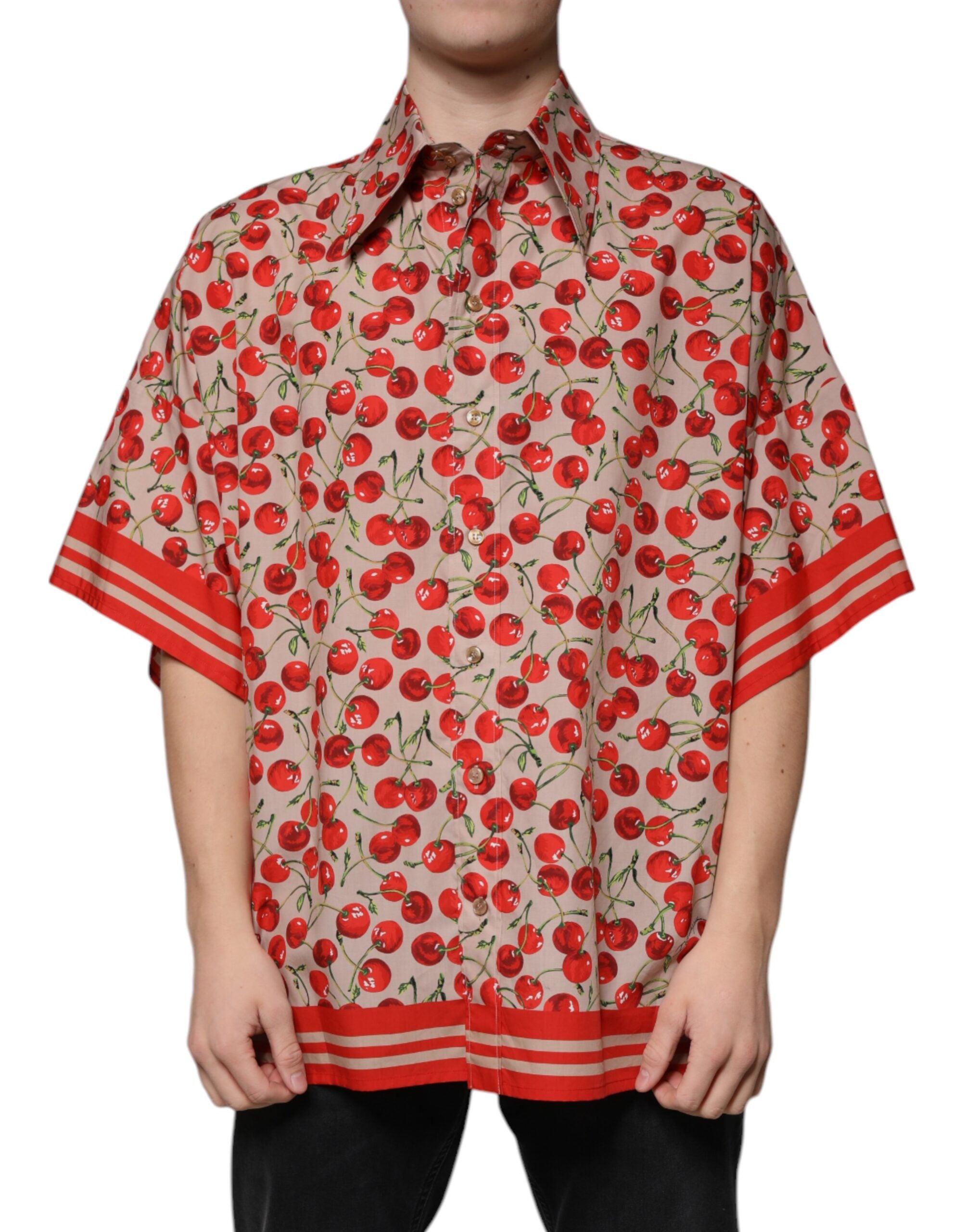Dolce & Gabbana Beige Cherry Button Down Herren Freizeithemd