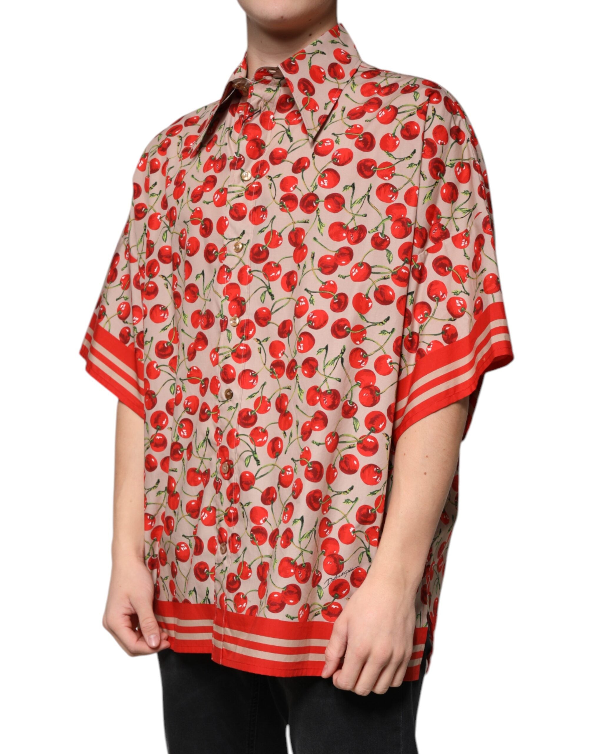 Dolce & Gabbana Beige Cherry Button Down Herren Freizeithemd