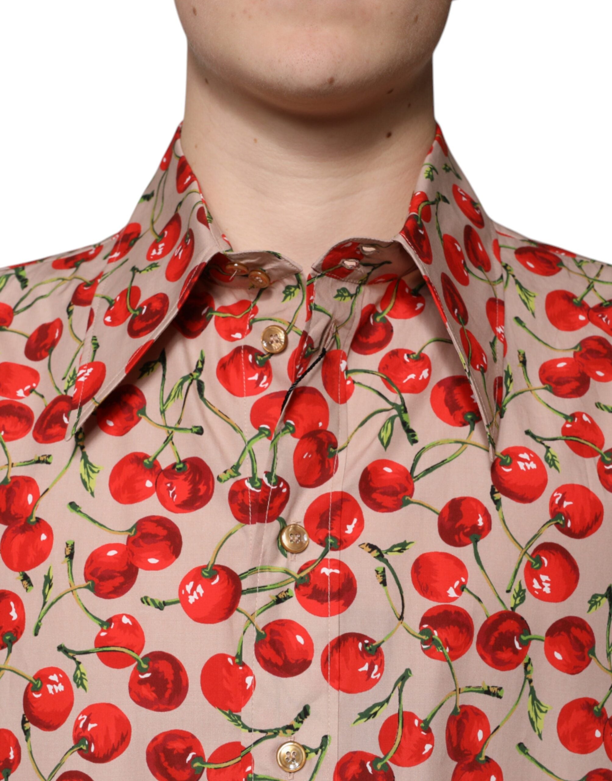 Dolce & Gabbana Beige Cherry Button Down Herren Freizeithemd