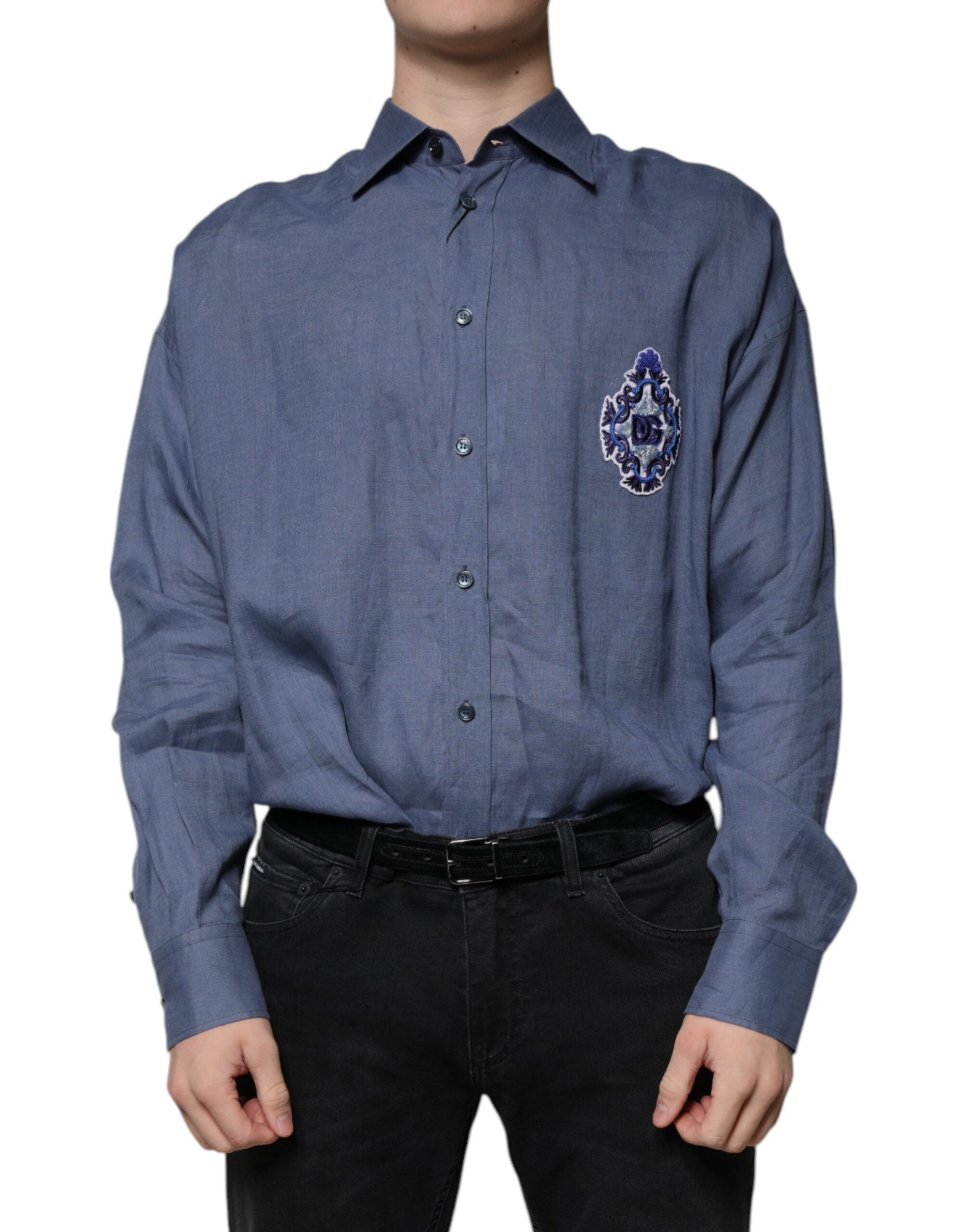 Dolce & Gabbana Blaues Logo Langarm-Button-Down Freizeithemd