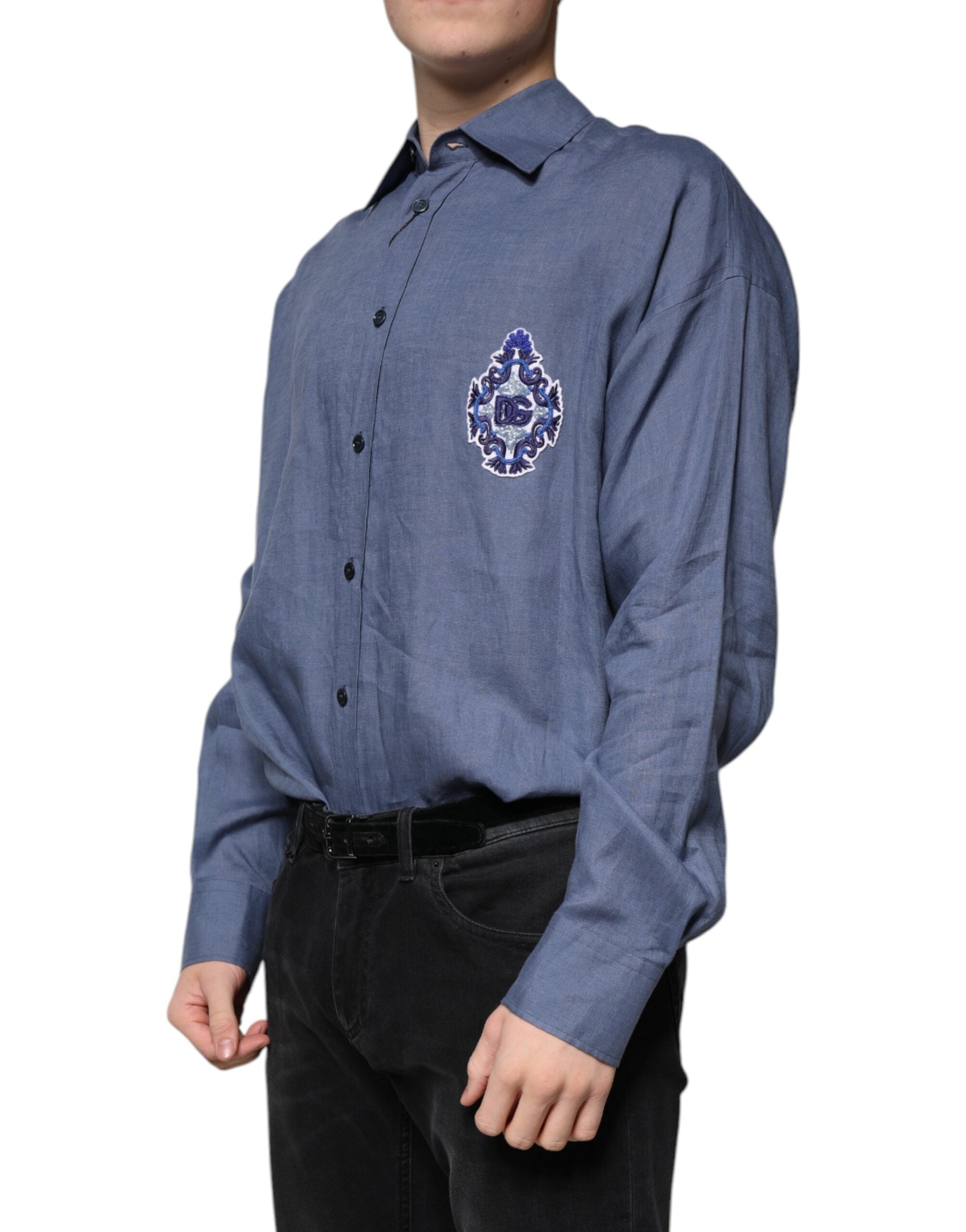 Dolce & Gabbana Blaues Logo Langarm-Button-Down Freizeithemd