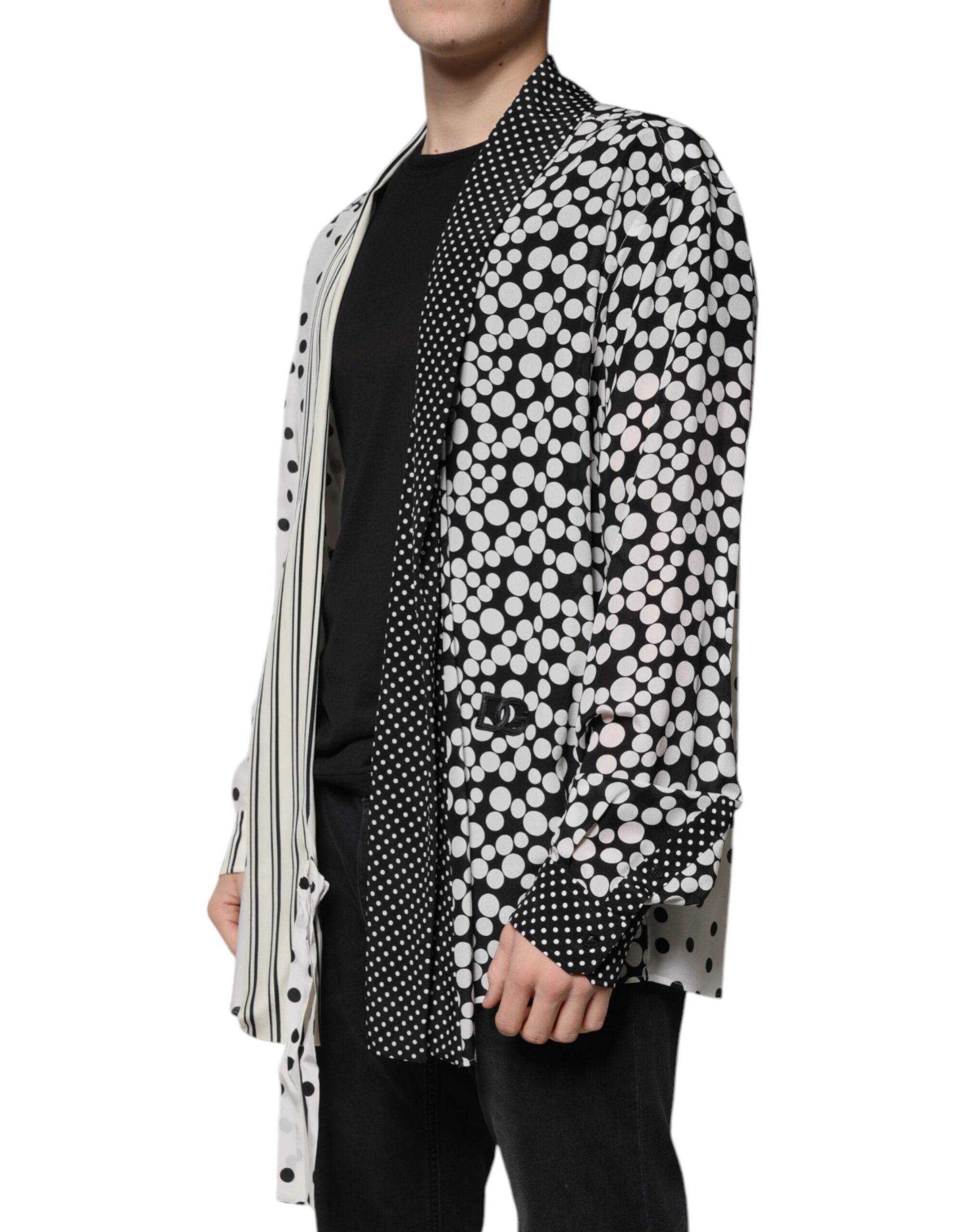 Dolce & Gabbana Schwarz Weiß Polka Dots Seide Männer Freizeithemd