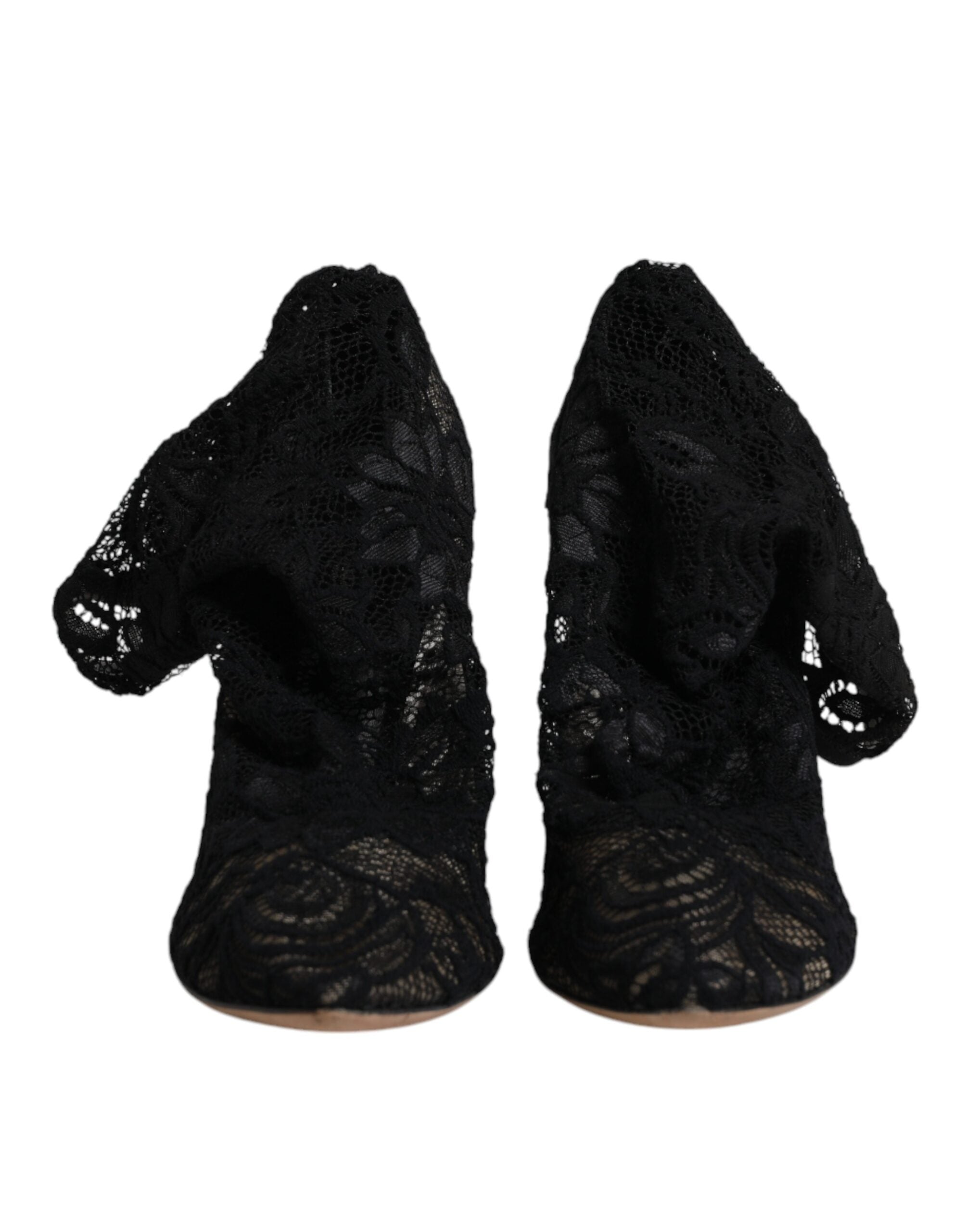Dolce & Gabbana Schwarze Spitze Stretch Heels Mittlere Wadenstiefel Schuhe