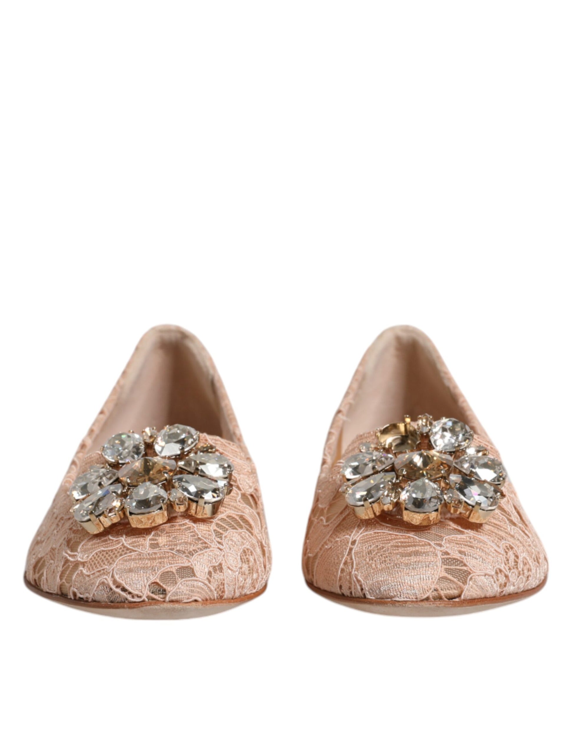 Dolce & Gabbana Beige Spitze Kristall Ballett Flats Loafers Schuhe