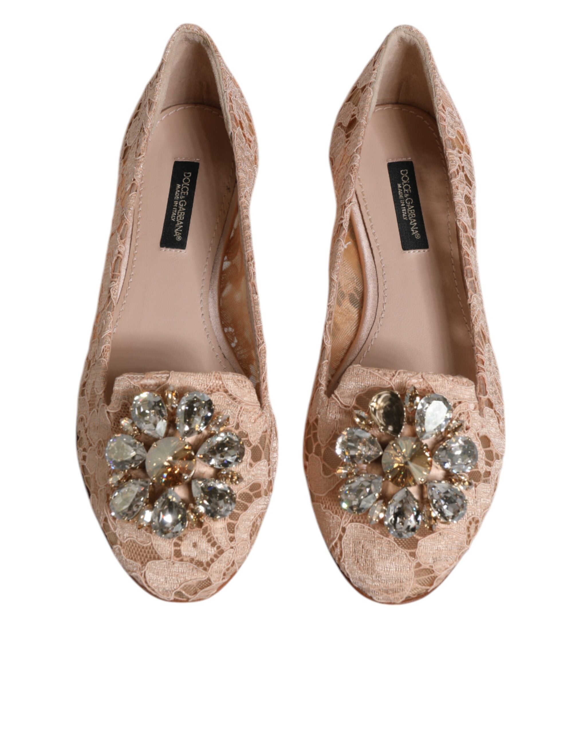Dolce & Gabbana Beige Spitze Kristall Ballett Flats Loafers Schuhe