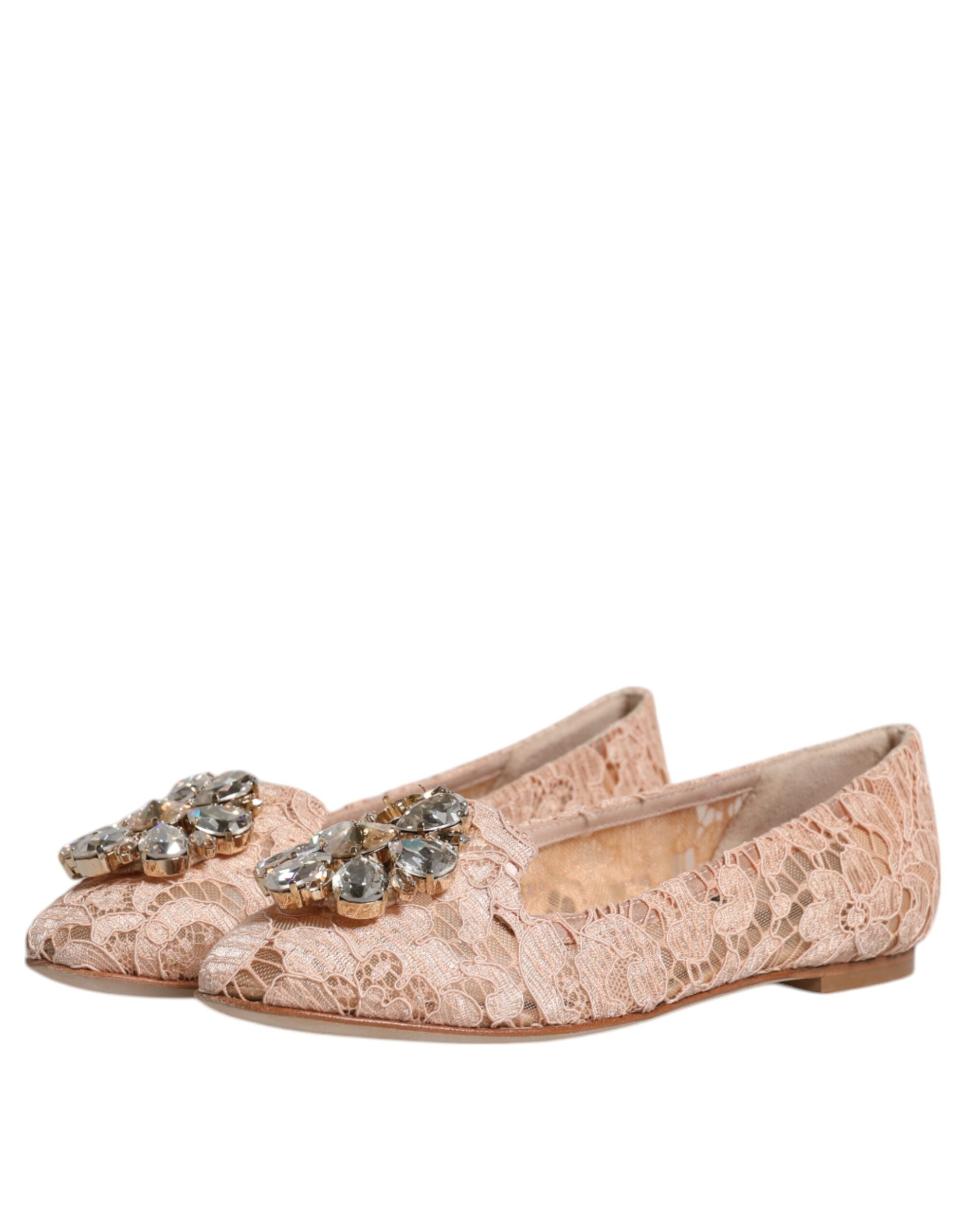 Dolce & Gabbana Beige Spitze Kristall Ballett Flats Loafers Schuhe