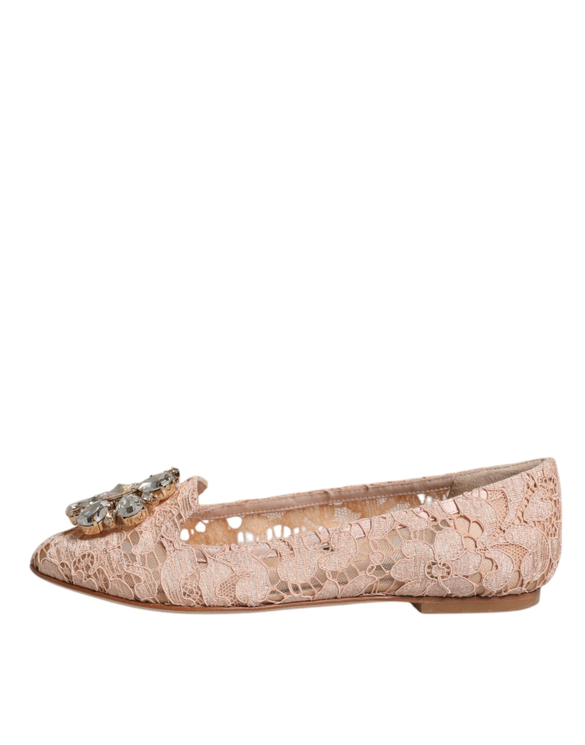 Dolce & Gabbana Beige Spitze Kristall Ballett Flats Loafers Schuhe