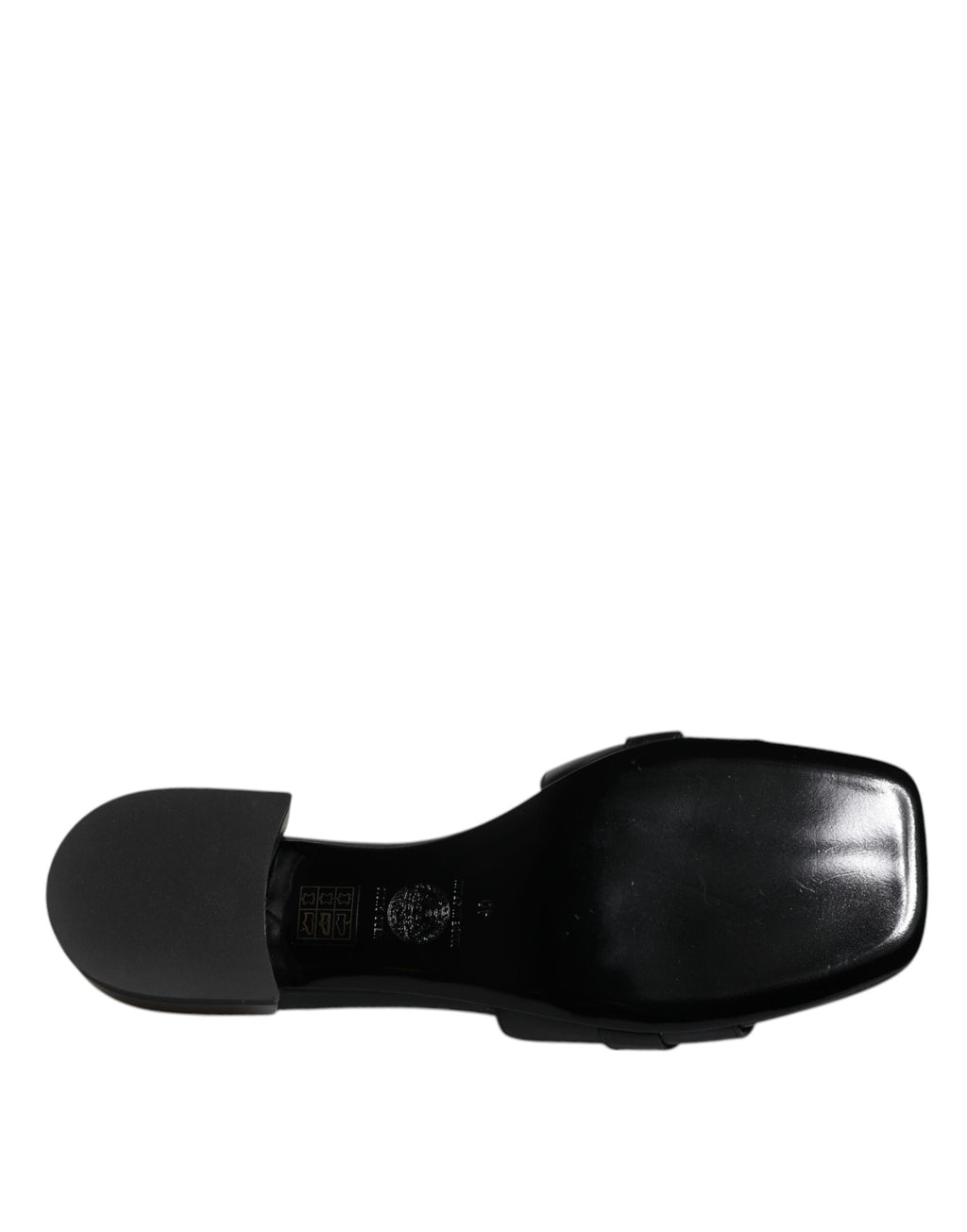 Versace Schwarz Leder Logo Plaque Slip On Slides Flats Schuhe