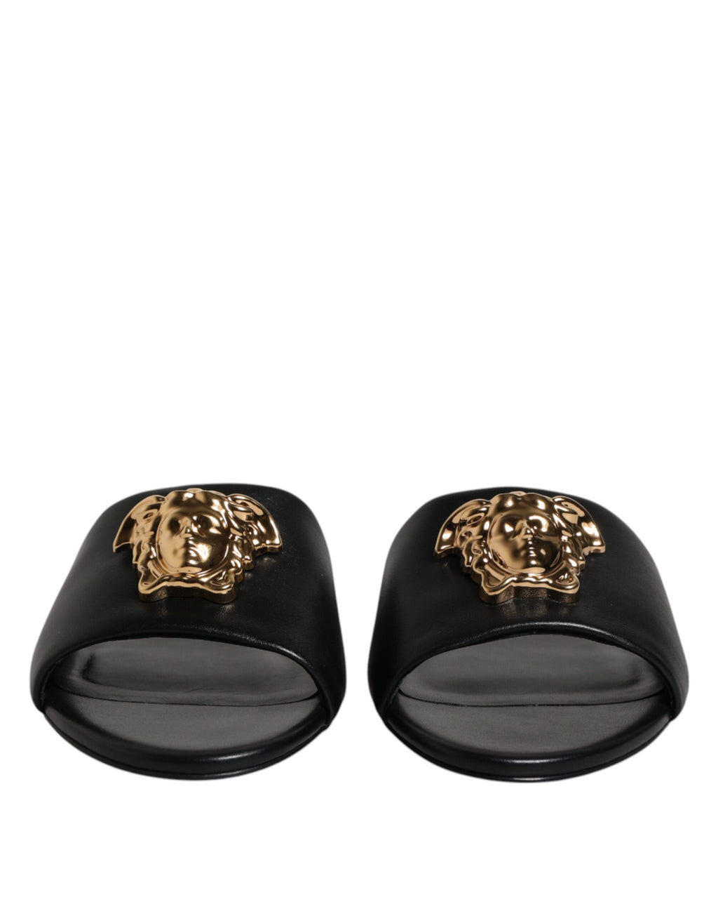 Versace Schwarz Leder Logo Plaque Slip On Slides Flats Schuhe