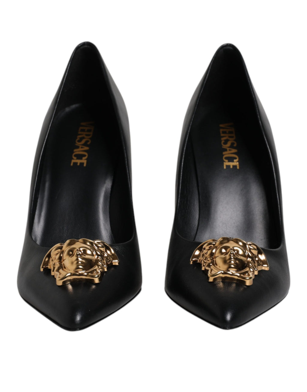 Versace Schwarz Leder Logo Plaque High Heels Pumps Schuhe