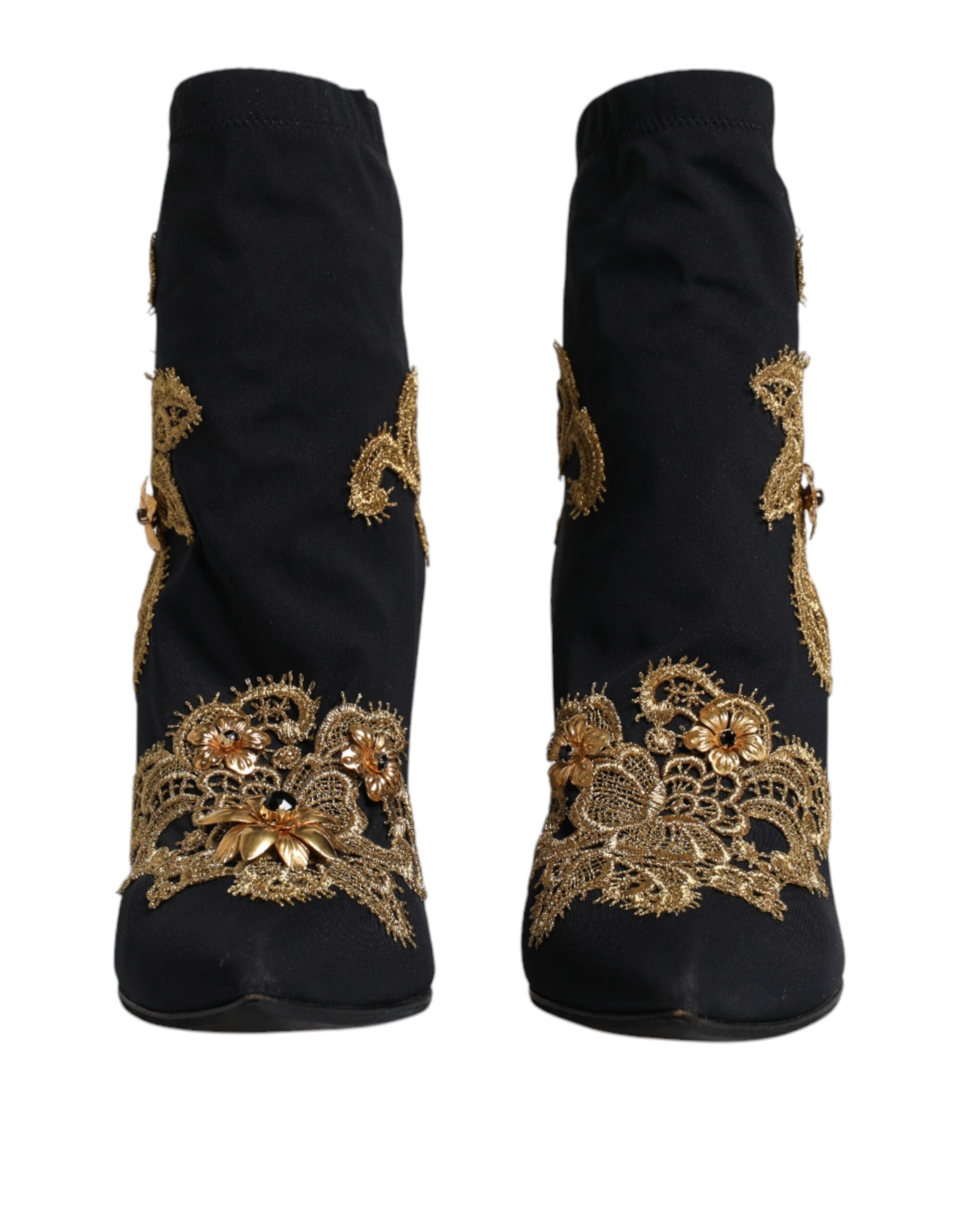 Dolce & Gabbana Schwarz Gold Stickerei Slip On Stiefel Schuhe