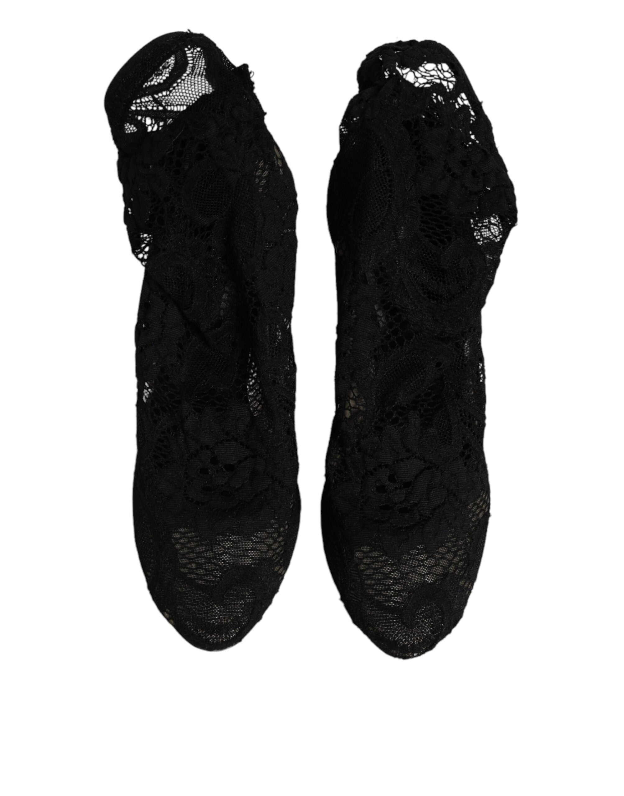 Dolce & Gabbana Schwarze Spitze Stretch Heels Mittlere Wadenstiefel Schuhe