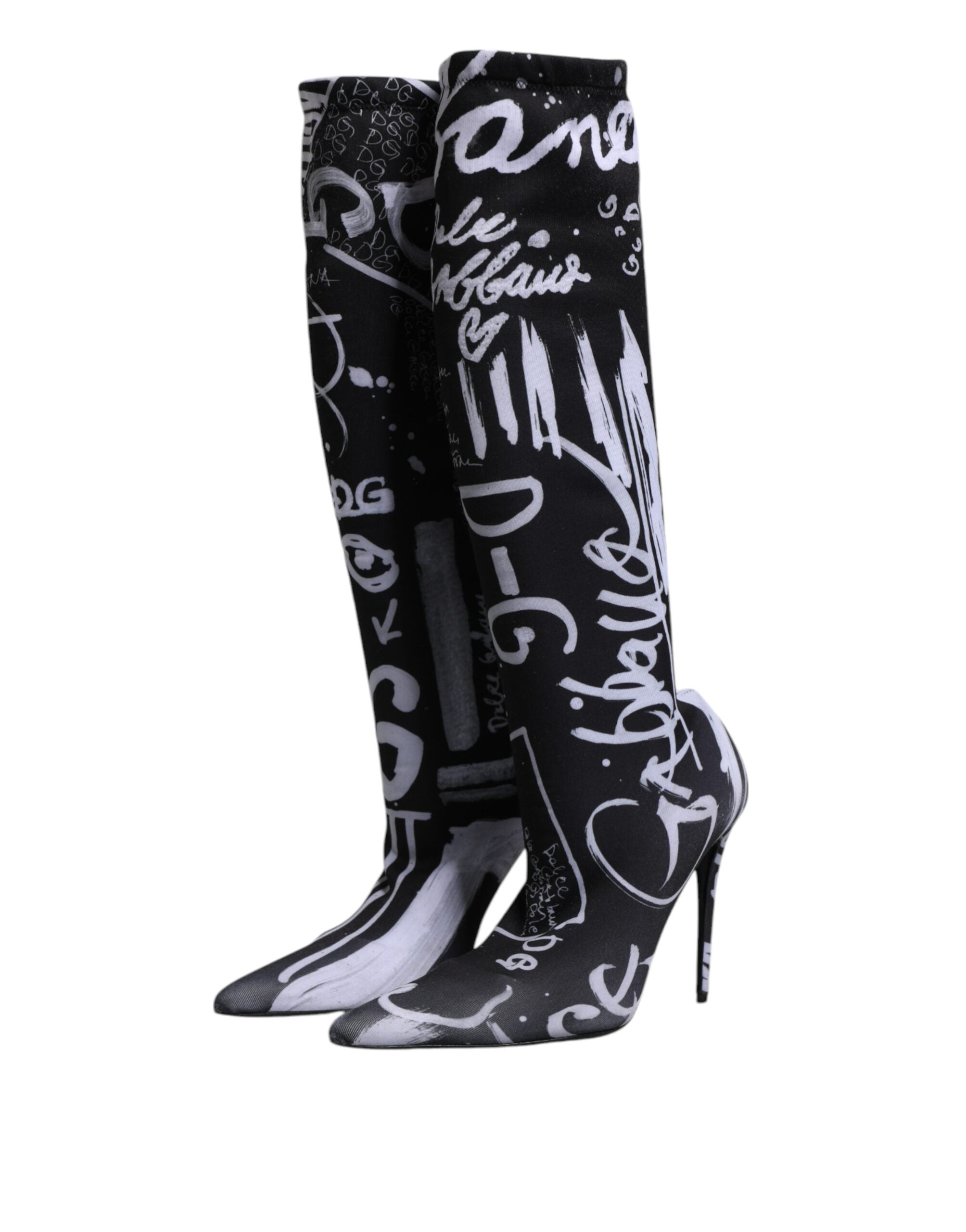 Dolce & Gabbana Schwarz Logo Stretch Heels Hohe Stiefel Schuhe
