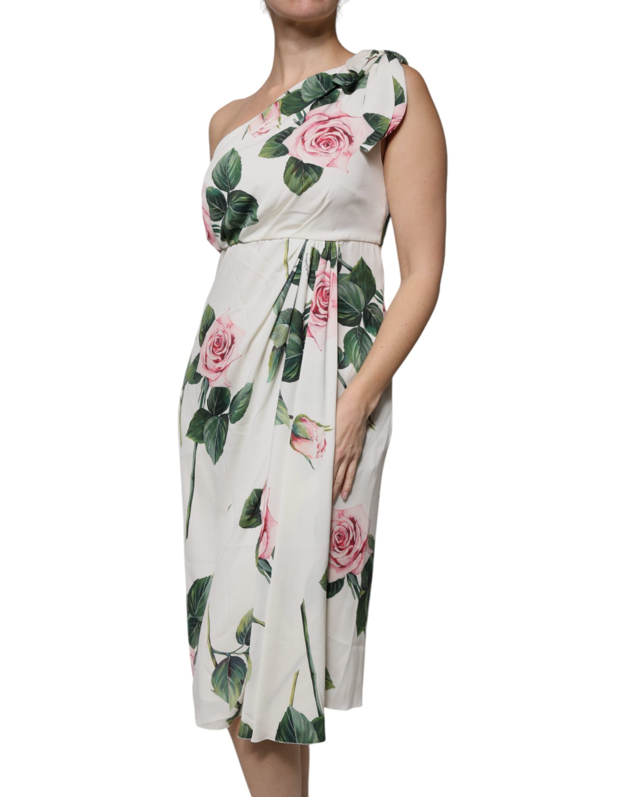Dolce & Gabbana Weißes geblümtes Midikleid aus Seide mit einer Schulter