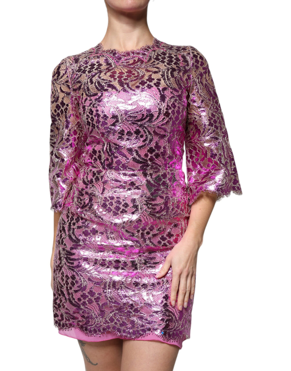 Dolce & Gabbana Fuchsiafarbenes Metallic-Mini-Kleid mit Blumenmuster