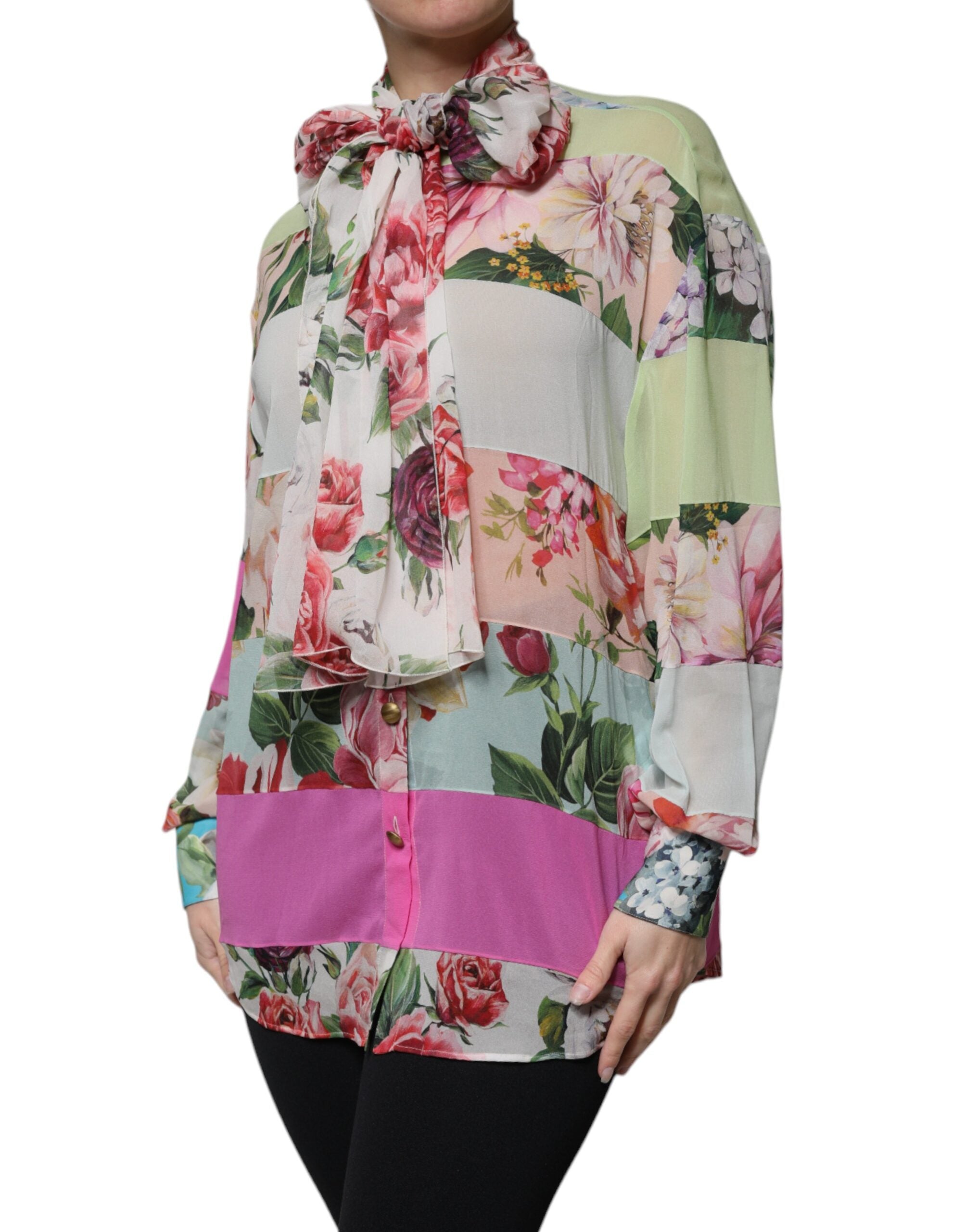 Dolce & Gabbana Multicolor Floral Patchwork Ascot Kragen Top