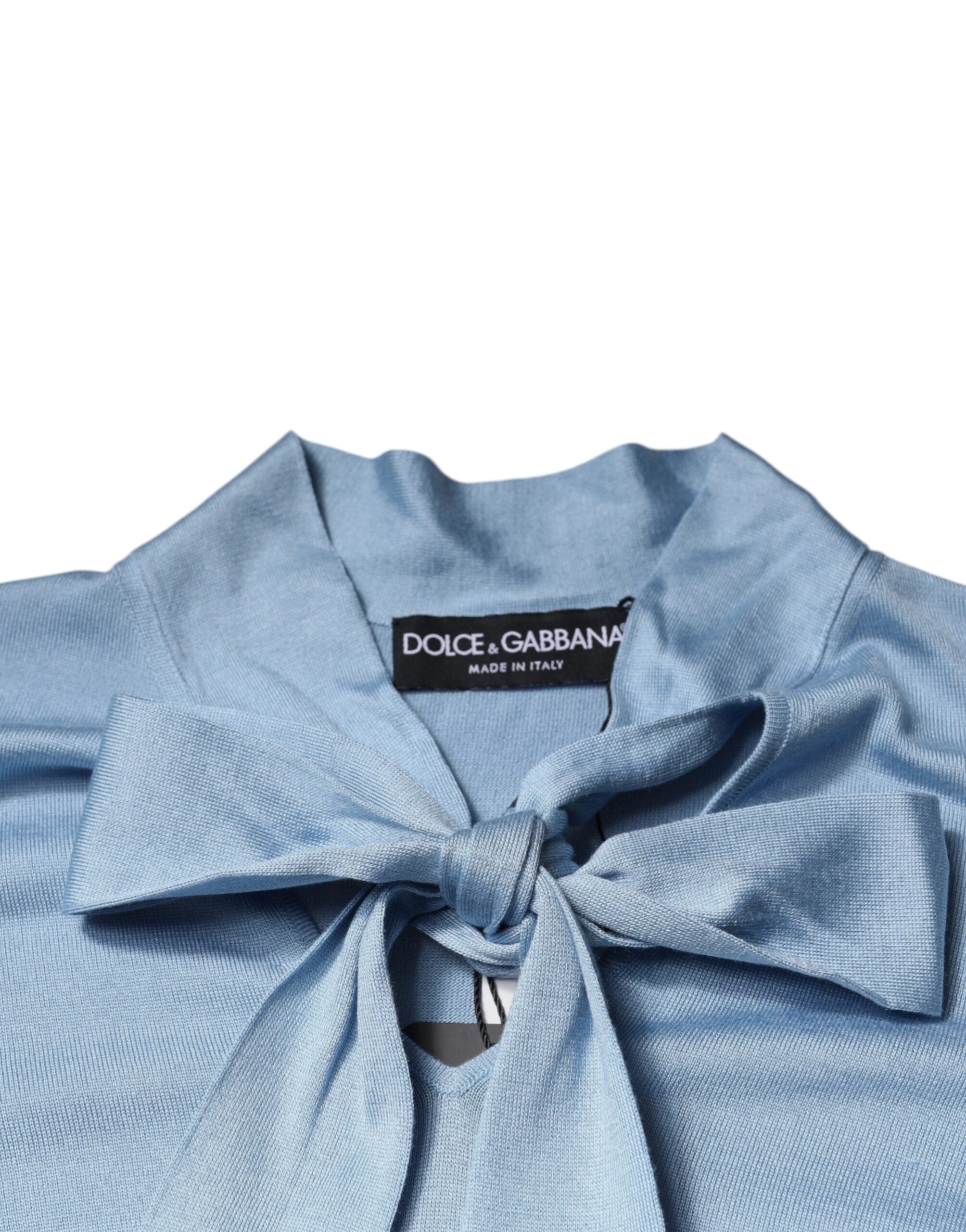 Dolce & Gabbana Blauer Seidenstrickpullover mit Ascot-Kragen