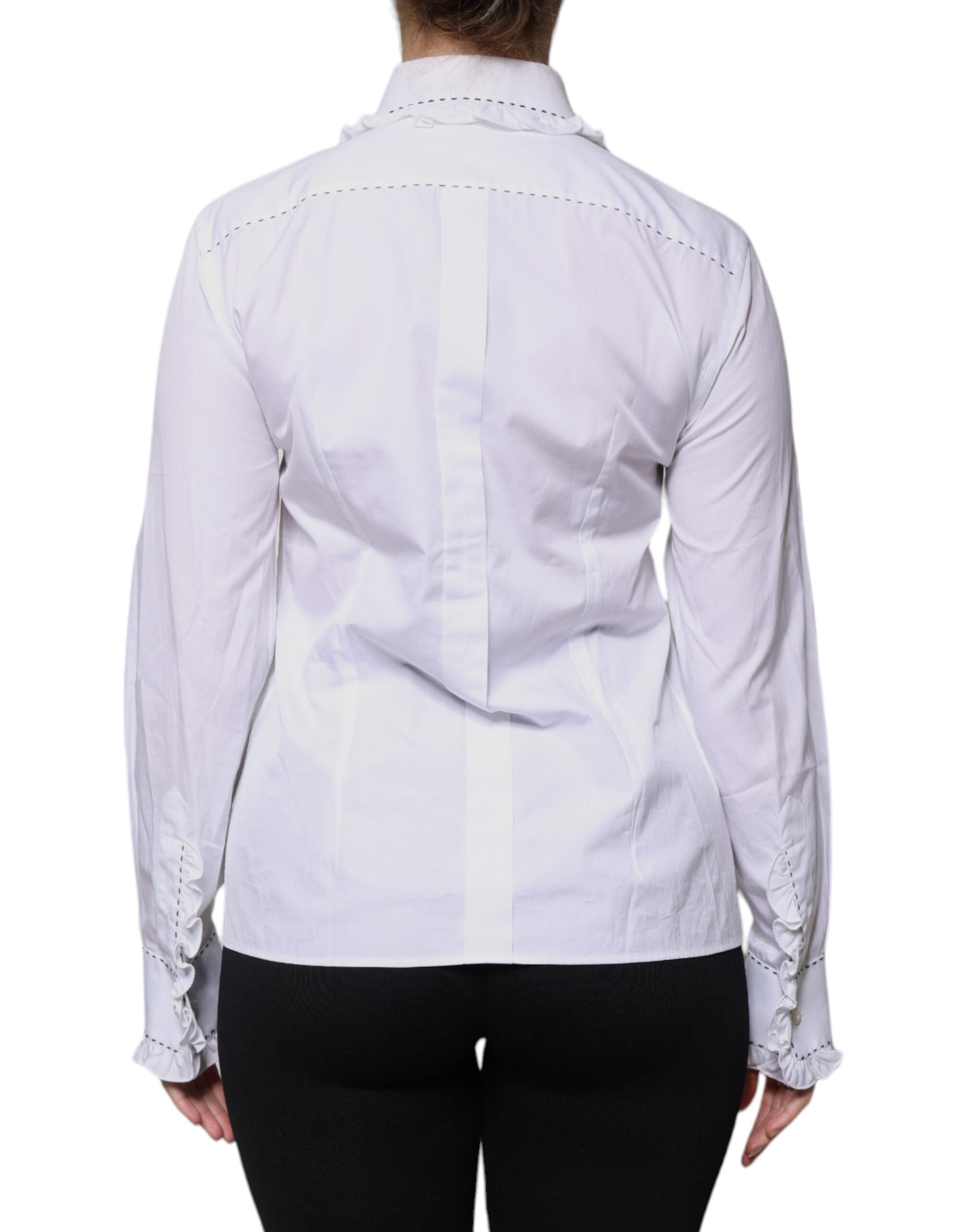 Dolce & Gabbana Weißes Baumwoll-Top mit langen Ärmeln und Rüschenkragen