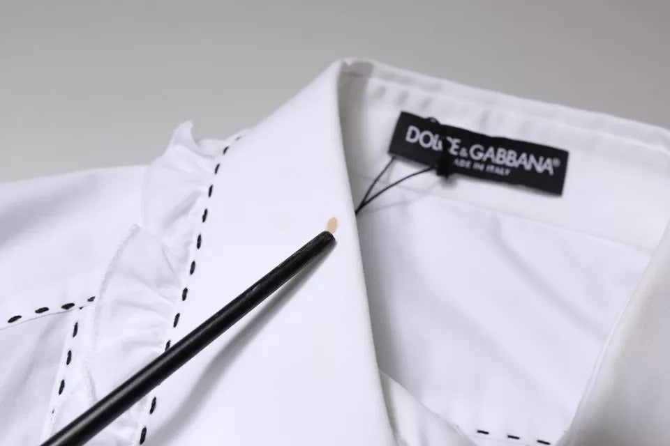 Dolce & Gabbana Weißes Baumwoll-Top mit langen Ärmeln und Rüschenkragen