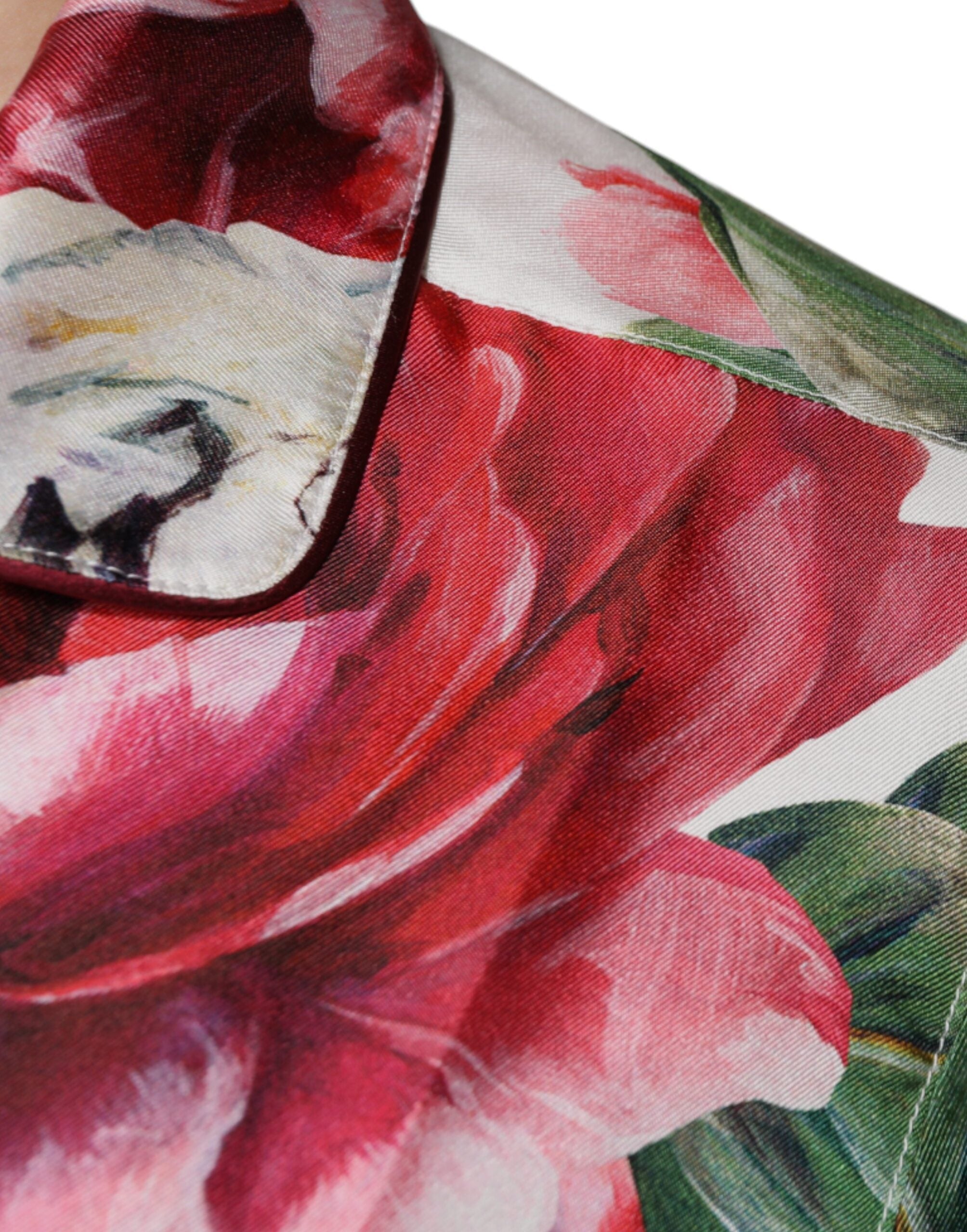 Dolce & Gabbana Weißes Pfingstrose Seide Langärmeliges Blusenoberteil mit Kragen